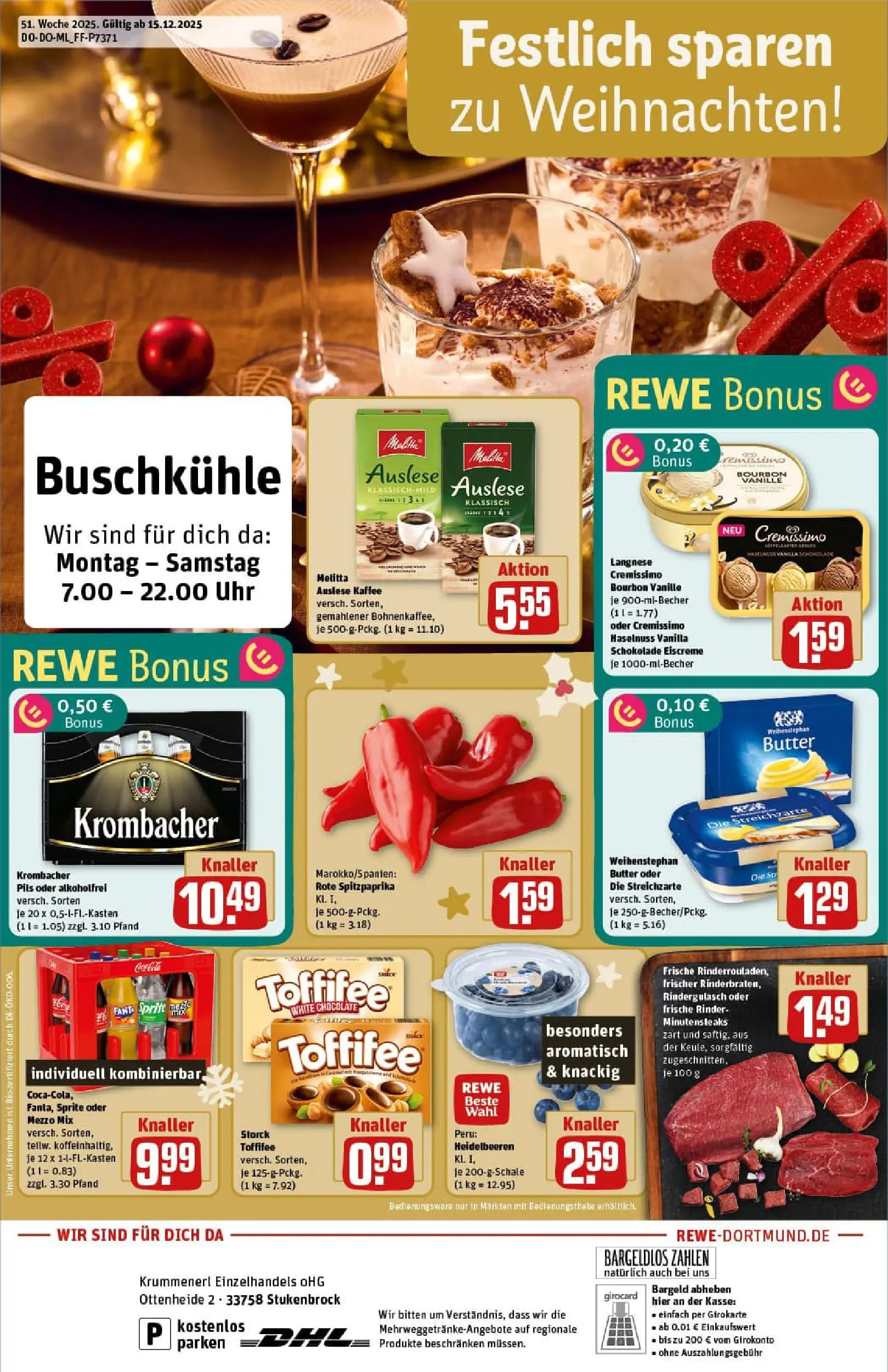REWE Prospekt ab 15.12.2025 zum Blättern » Angebote | Seite: 1 | Produkte: Rindergulasch, Sprite, Weihenstephan butter, Uhr