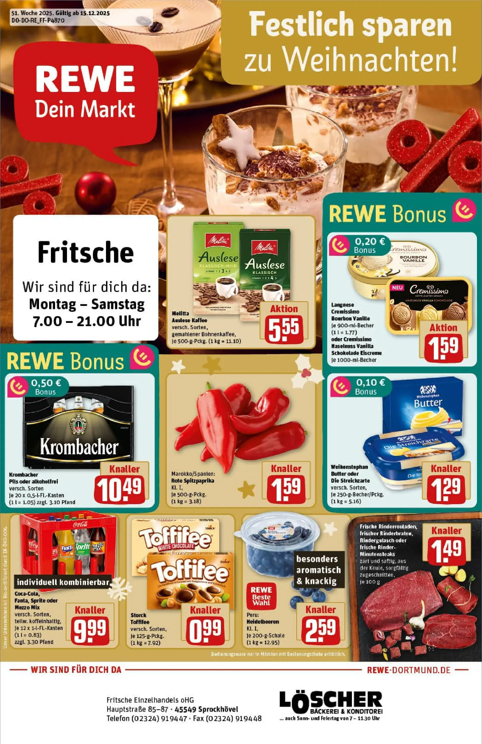 REWE Prospekt ab 15.12.2025 zum Blättern » Angebote | Seite: 1 | Produkte: Langnese cremissimo, Eiscreme, Bourbon, Telefon