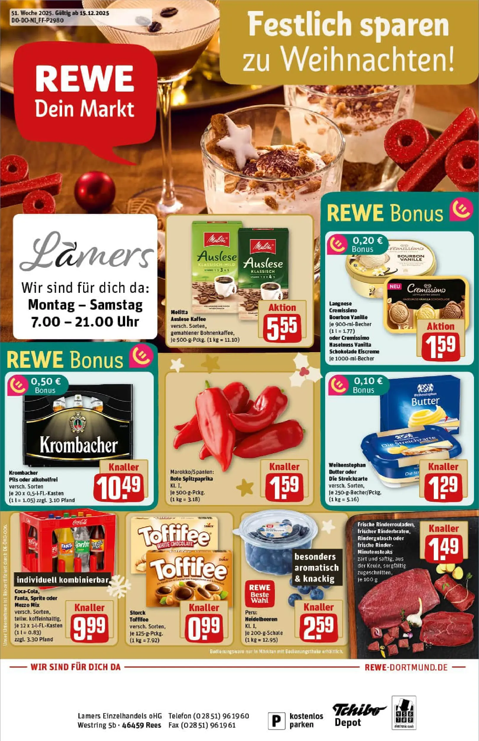 REWE Prospekt ab 15.12.2025 zum Blättern » Angebote | Seite: 1 | Produkte: Melitta, Rindergulasch, Weihenstephan butter, Toffifee
