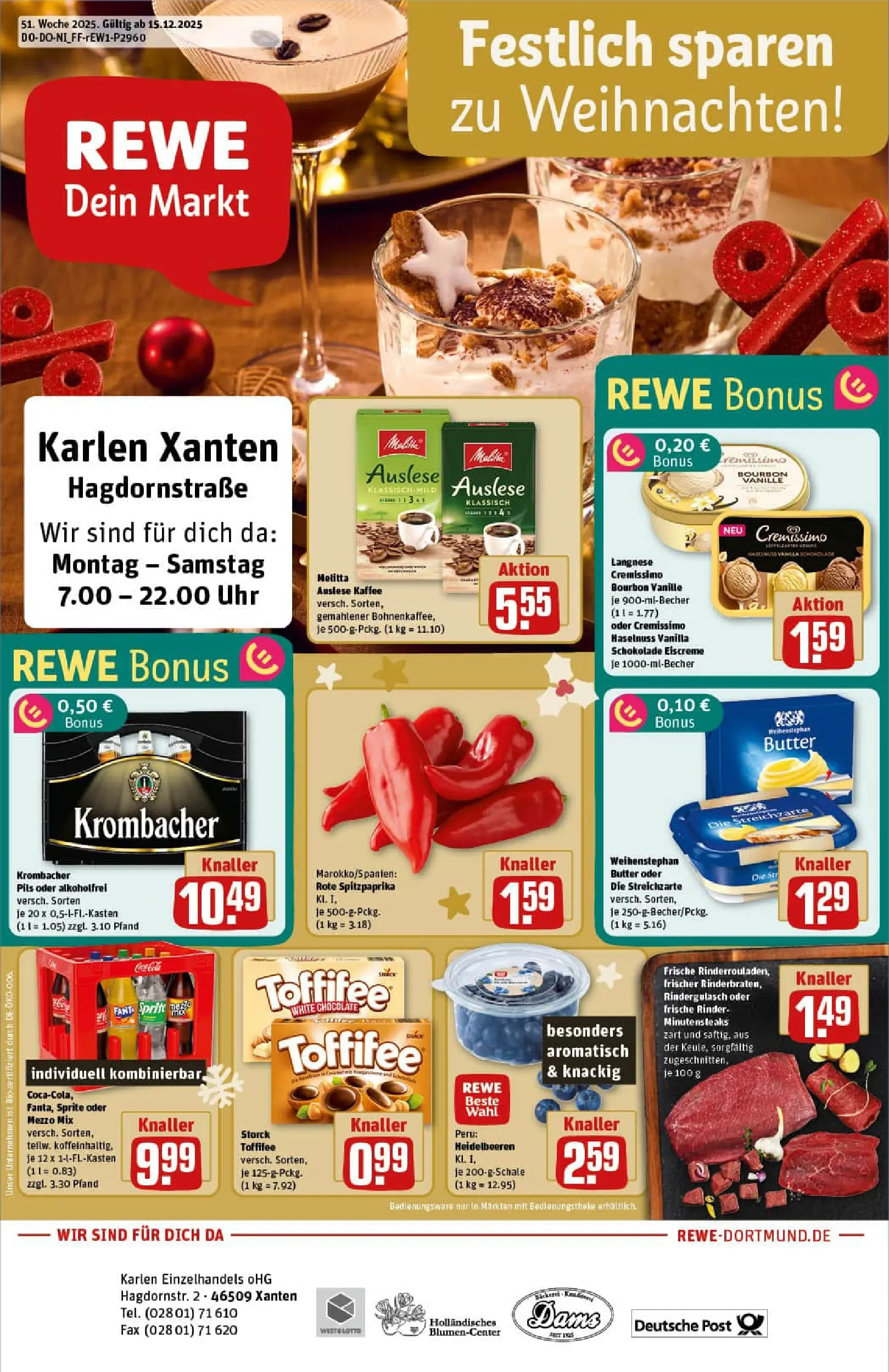 REWE Prospekt ab 15.12.2025 zum Blättern » Angebote | Seite: 1 | Produkte: Rindergulasch, Kaffee, Schokolade, Toffifee
