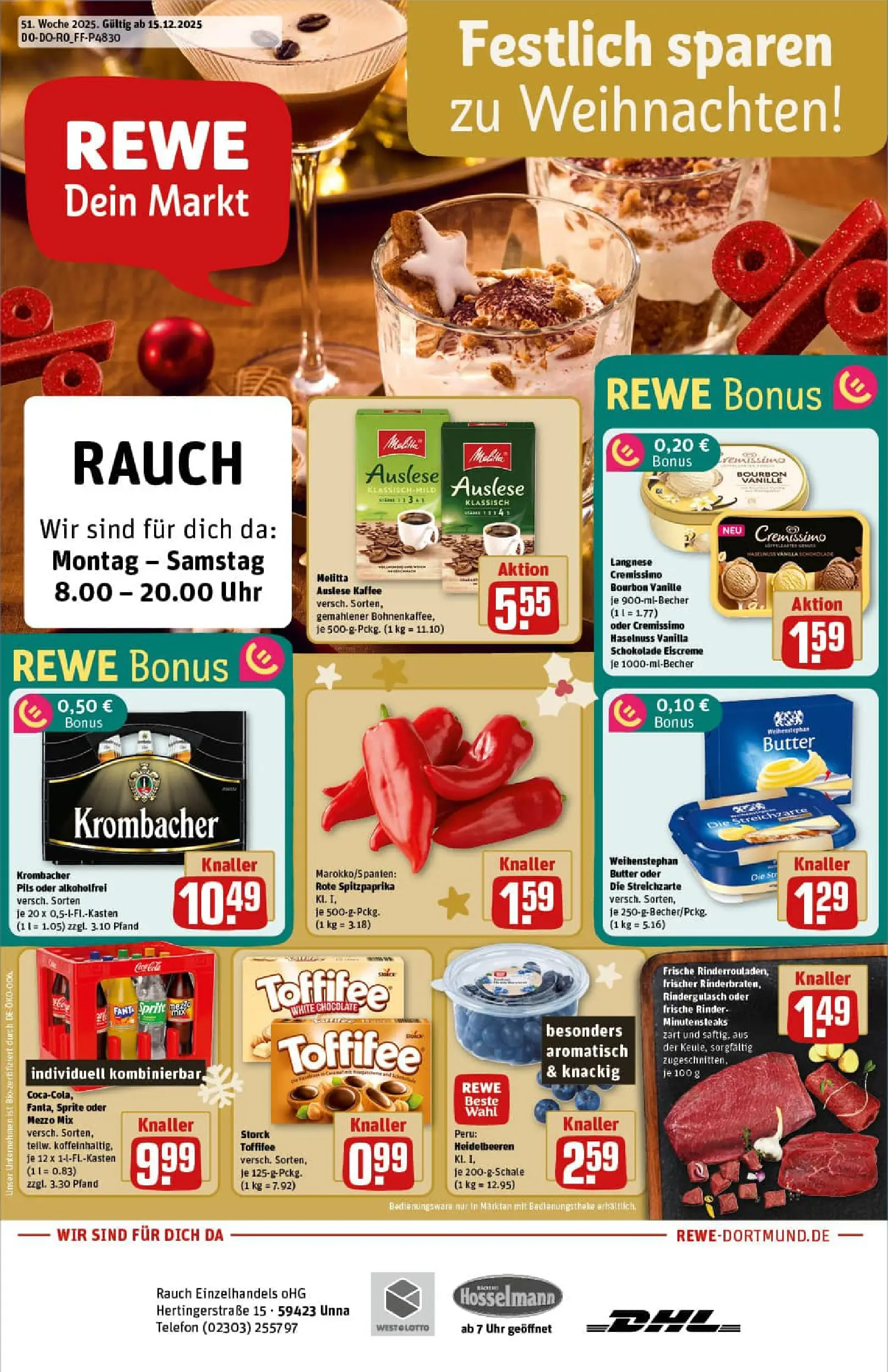 REWE Prospekt ab 15.12.2025 zum Blättern » Angebote | Seite: 1 | Produkte: Cremissimo, Toffifee, Bourbon, Uhr