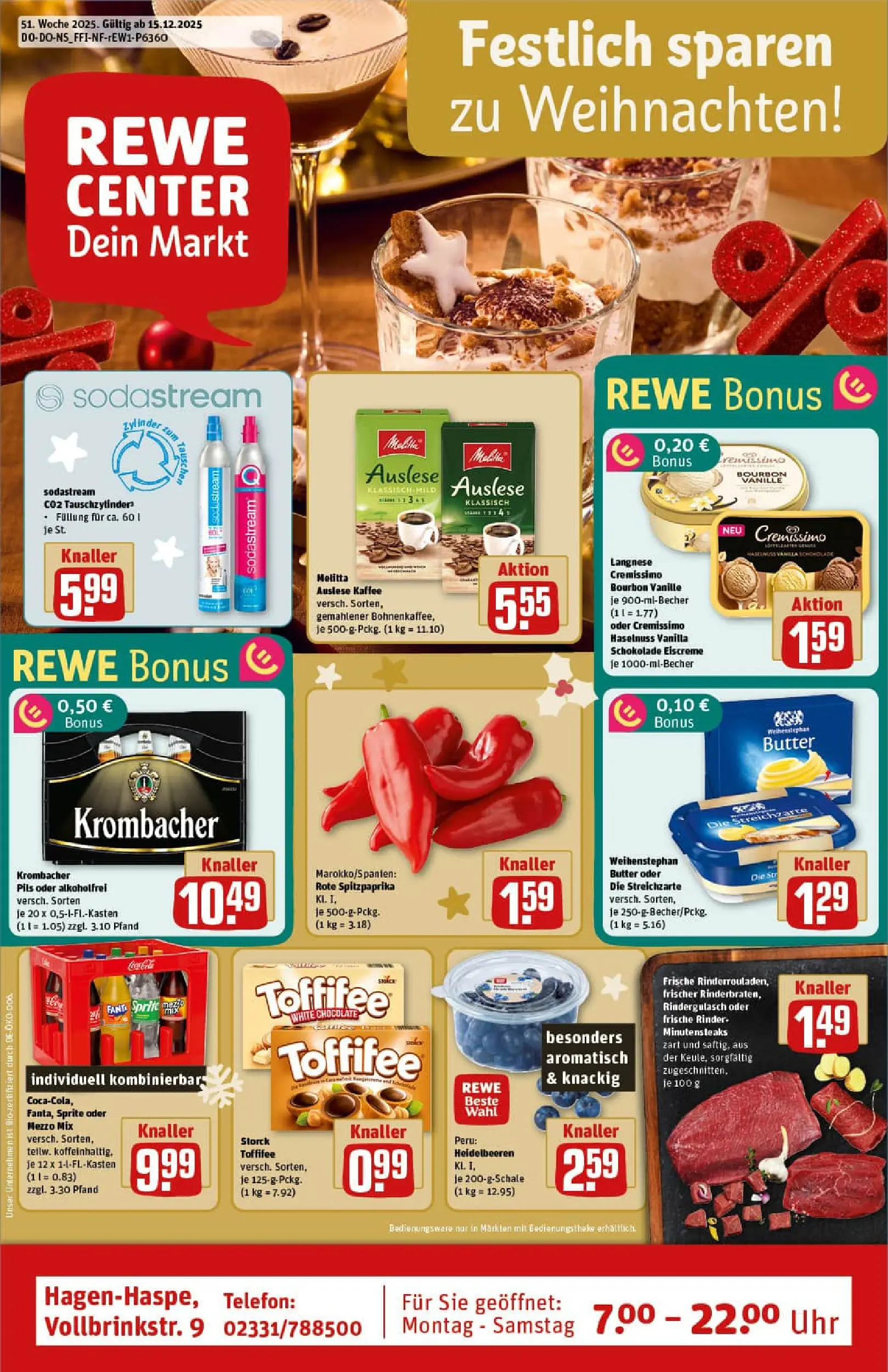 REWE Prospekt ab 15.12.2025 zum Blättern » Angebote | Seite: 1 | Produkte: Rindergulasch, Butter, Kaffee, Uhr