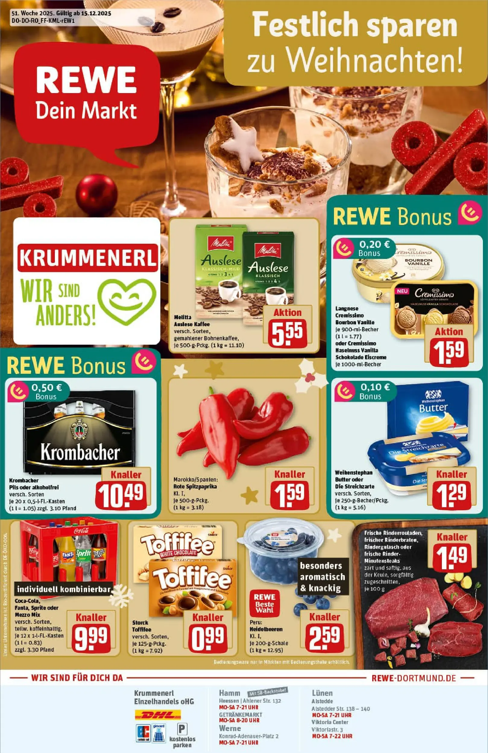 REWE Prospekt ab 15.12.2025 zum Blättern » Angebote | Seite: 1 | Produkte: Cremissimo, Butter, Heidelbeeren, Uhr