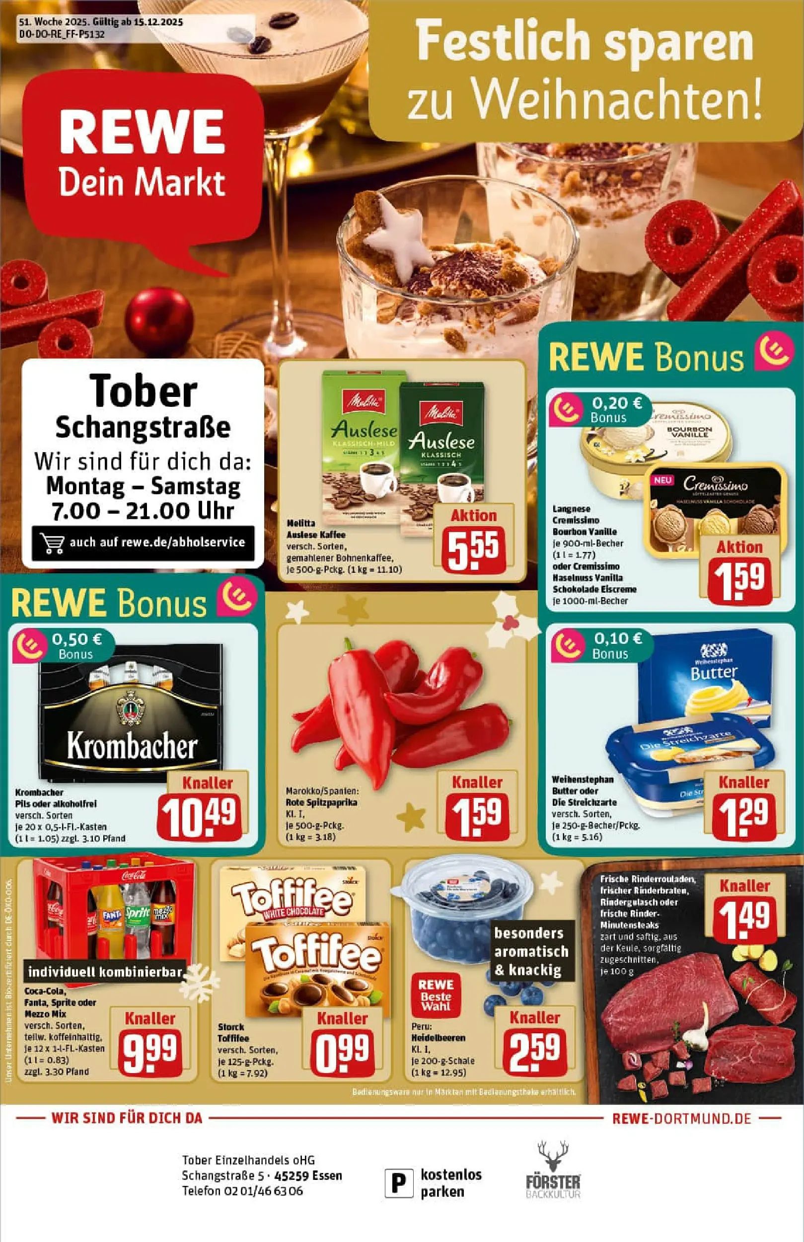 REWE Prospekt ab 15.12.2025 zum Blättern » Angebote | Seite: 1 | Produkte: Cremissimo, Pils, Heidelbeeren, Uhr