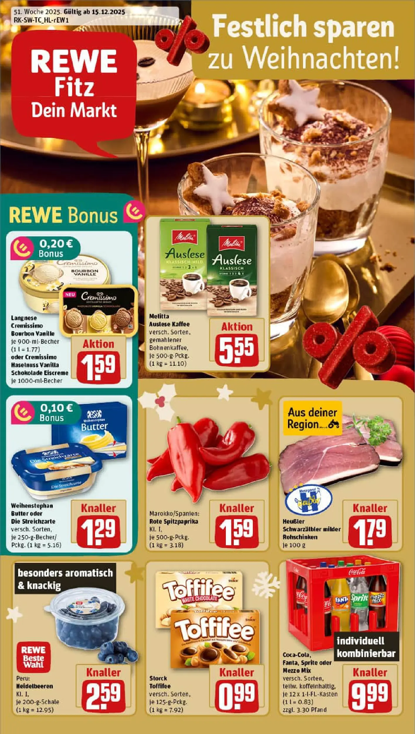 REWE Prospekt ab 15.12.2025 zum Blättern » Angebote | Seite: 1 | Produkte: Butter, Schokolade, Toffifee, Bourbon