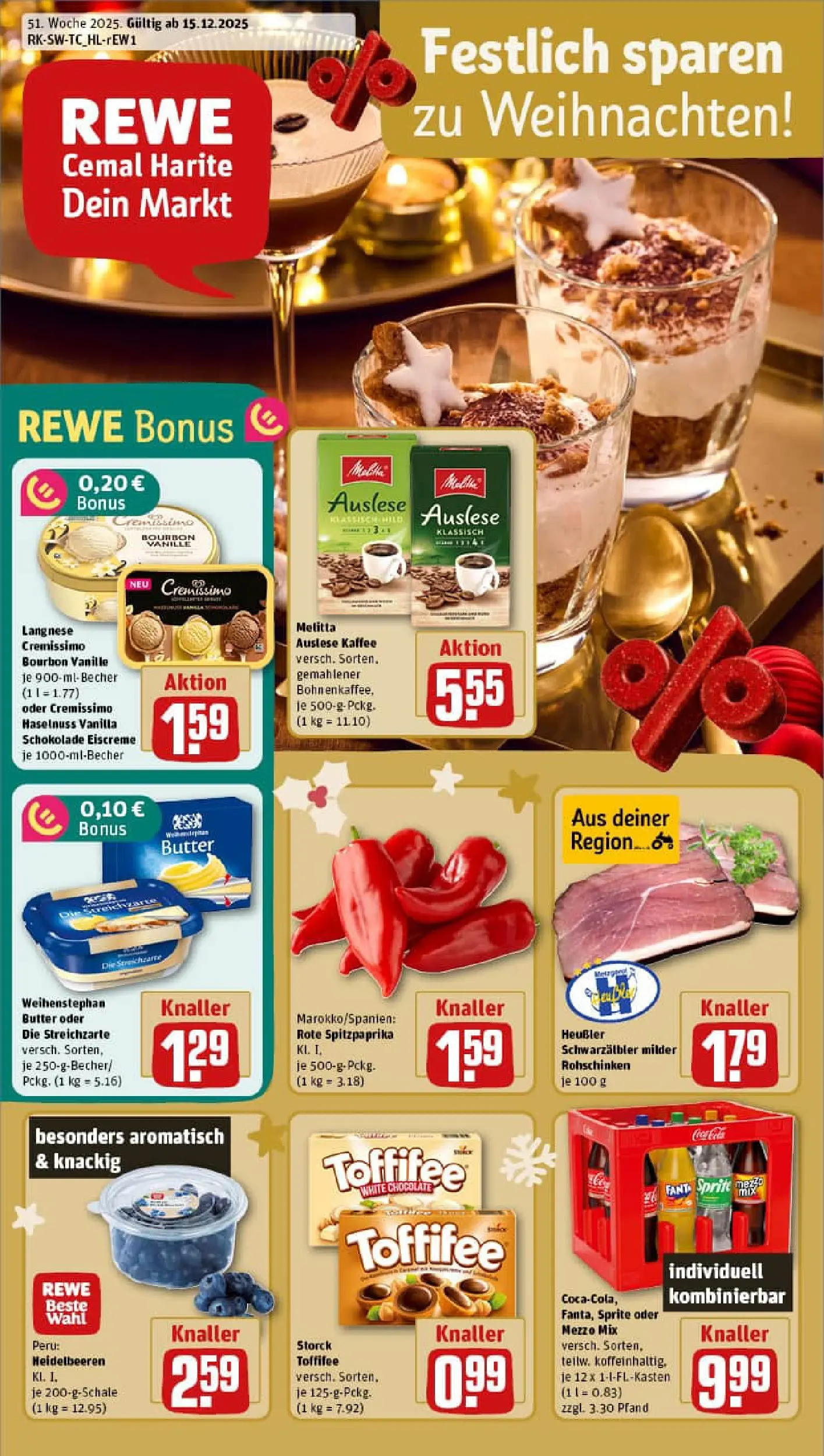 REWE Prospekt ab 15.12.2025 zum Blättern » Angebote | Seite: 1 | Produkte: Cremissimo, Kaffee, Heidelbeeren, Oder mezzo mix