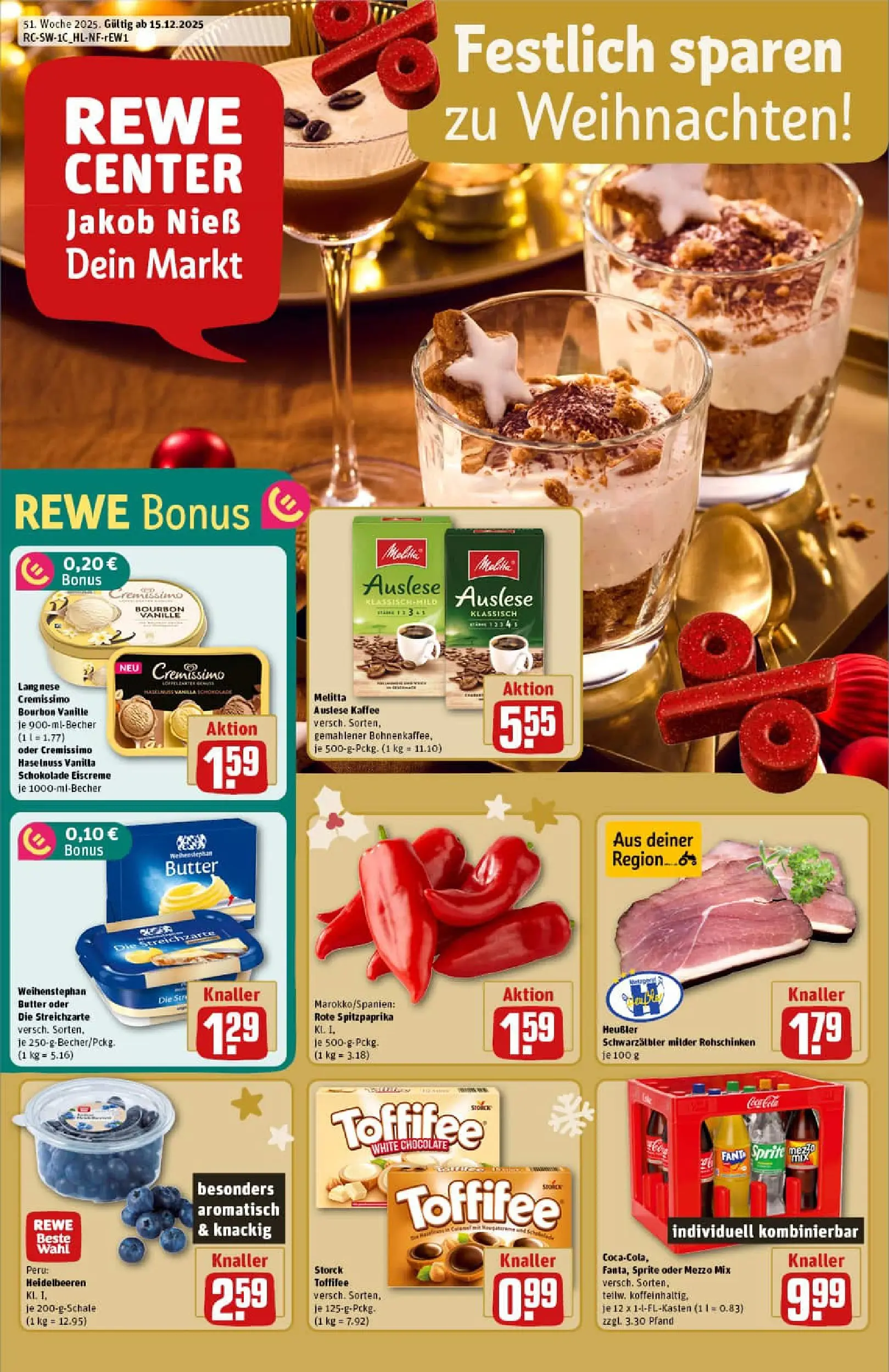 REWE Prospekt ab 15.12.2025 zum Blättern » Angebote | Seite: 1 | Produkte: Langnese, Langnese cremissimo, Weihenstephan butter, Bourbon