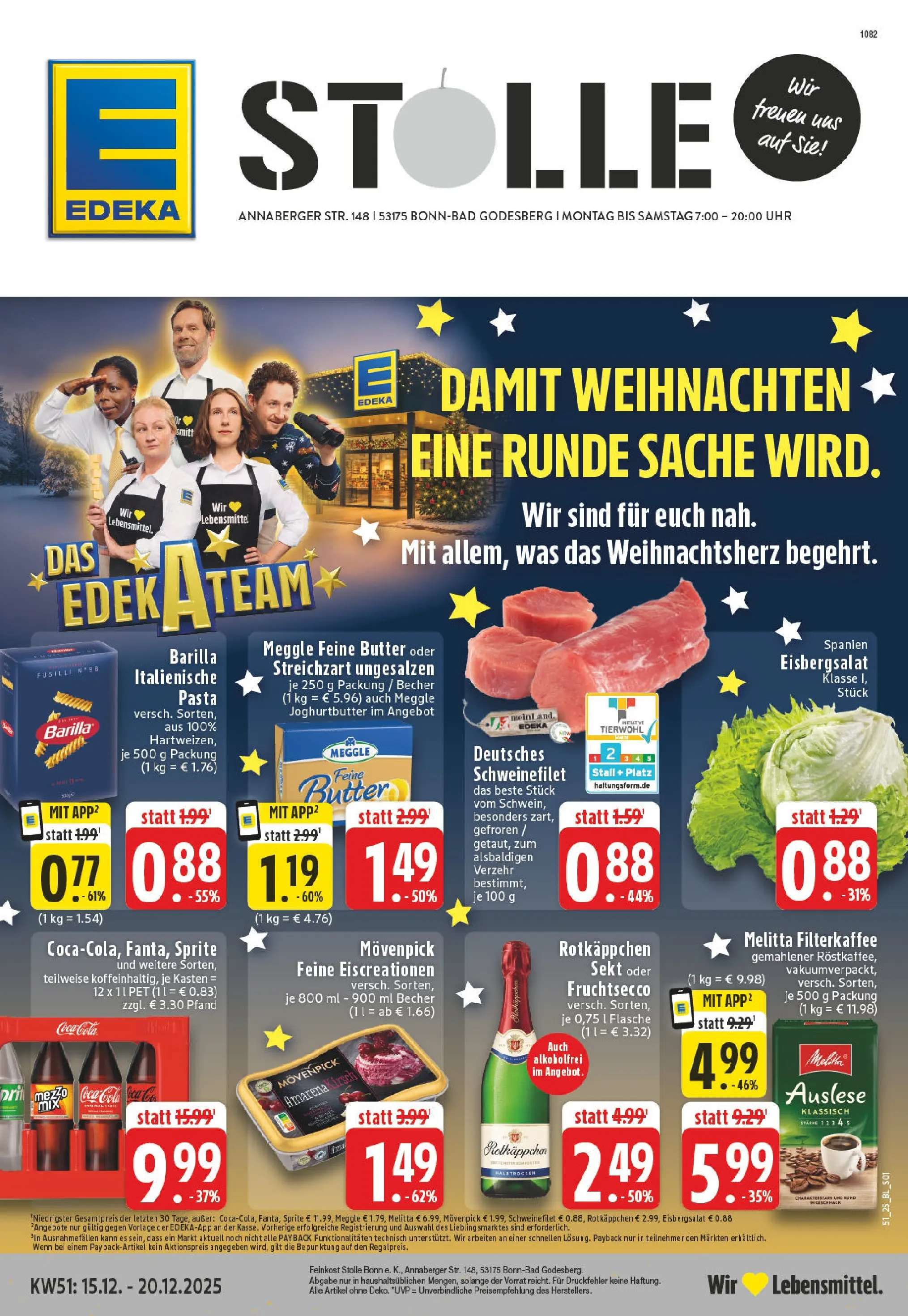 Edeka prospekt Bonn - Bad Godesberg	 (ab 15.12.2025) » Angebote Online | Seite: 1 | Produkte: Melitta, Eisbergsalat, Schweinefilet, Rotkäppchen