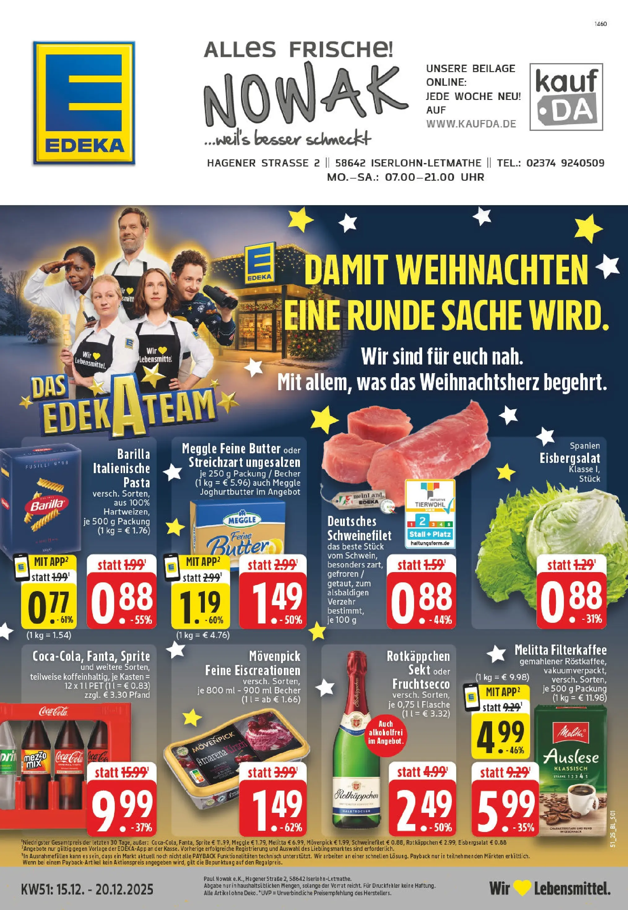 Edeka prospekt Iserlohn-Letmathe	 (ab 15.12.2025) » Angebote Online | Seite: 1 | Produkte: Coca cola, Barilla, Eisbergsalat, Pasta
