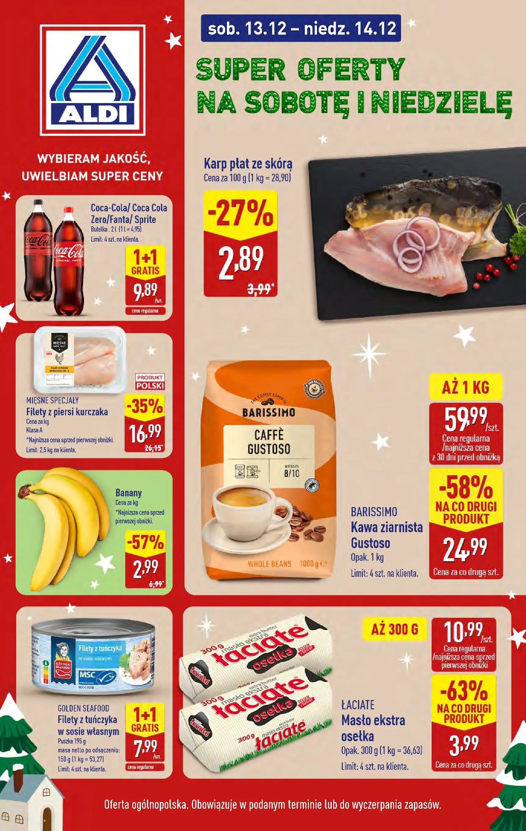 Aldi Gazetka - Super oferty na sobotę i niedzielę od 13.12.2025 - Ulotka PDF, promocje | Strona: 1 | Produkty: Piersi, Kawa ziarnista, Sprite, Banany