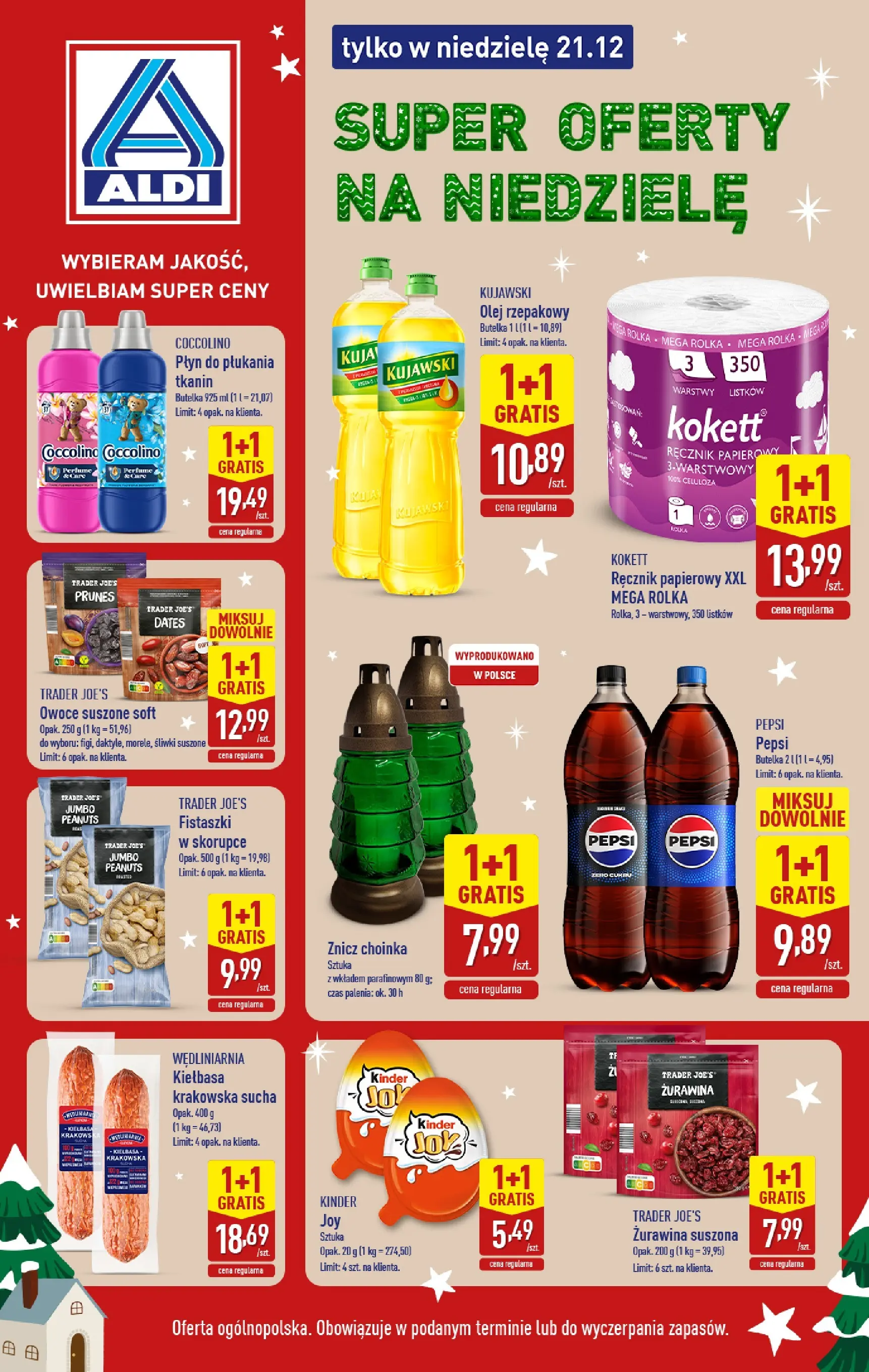 Aldi Gazetka - Super oferty na niedzielę od 21.12.2025 - Ulotka PDF, promocje | Strona: 1 | Produkty: Choinka, Coccolino, Żurawina, Owoce