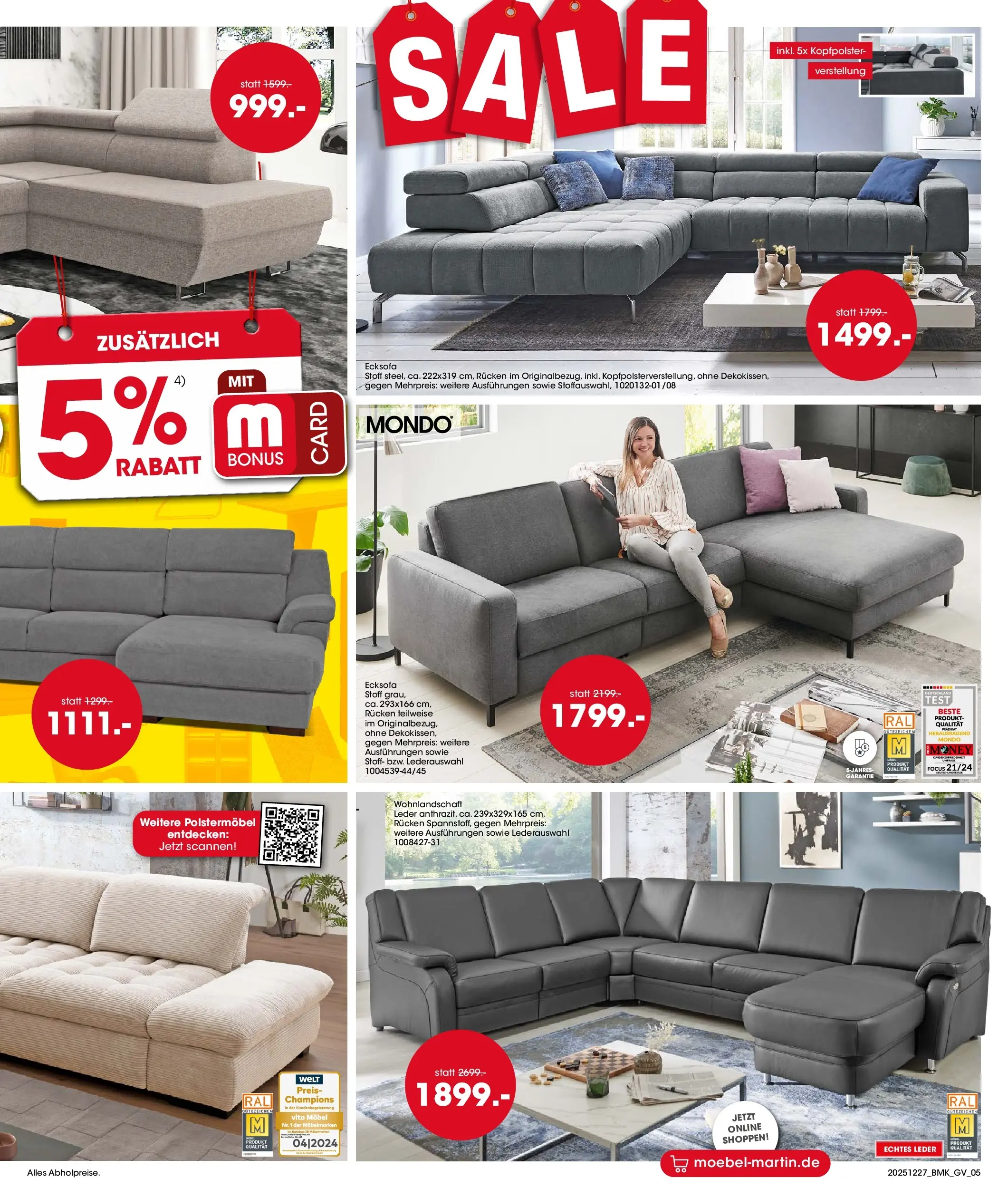 Möbel Martin - Möbel Martin: Wochenangebote (ab 26.12.2025) zum Blättern | Seite: 5 | Produkte: Wohnlandschaft, Ecksofa, Kopfpolster