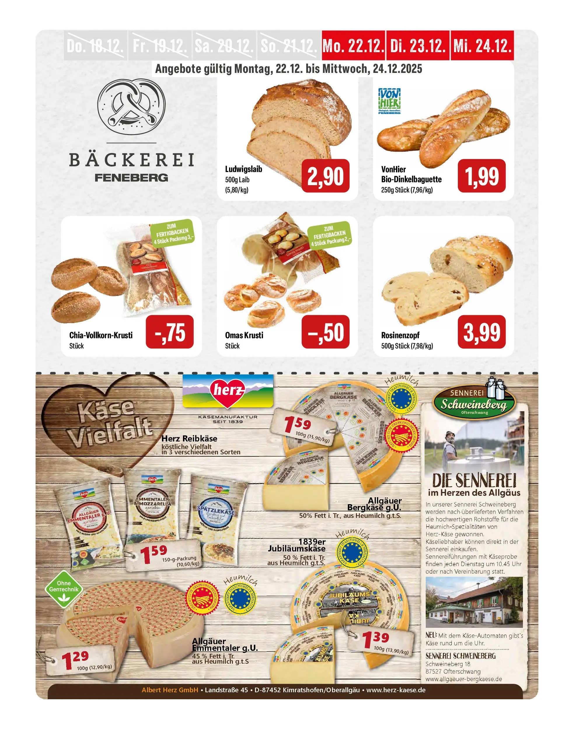 Feneberg Angebote (ab 22.12.2025) zum Blättern | Seite: 4 | Produkte: Bäckerei, Käse, Mozzarella, Uhr