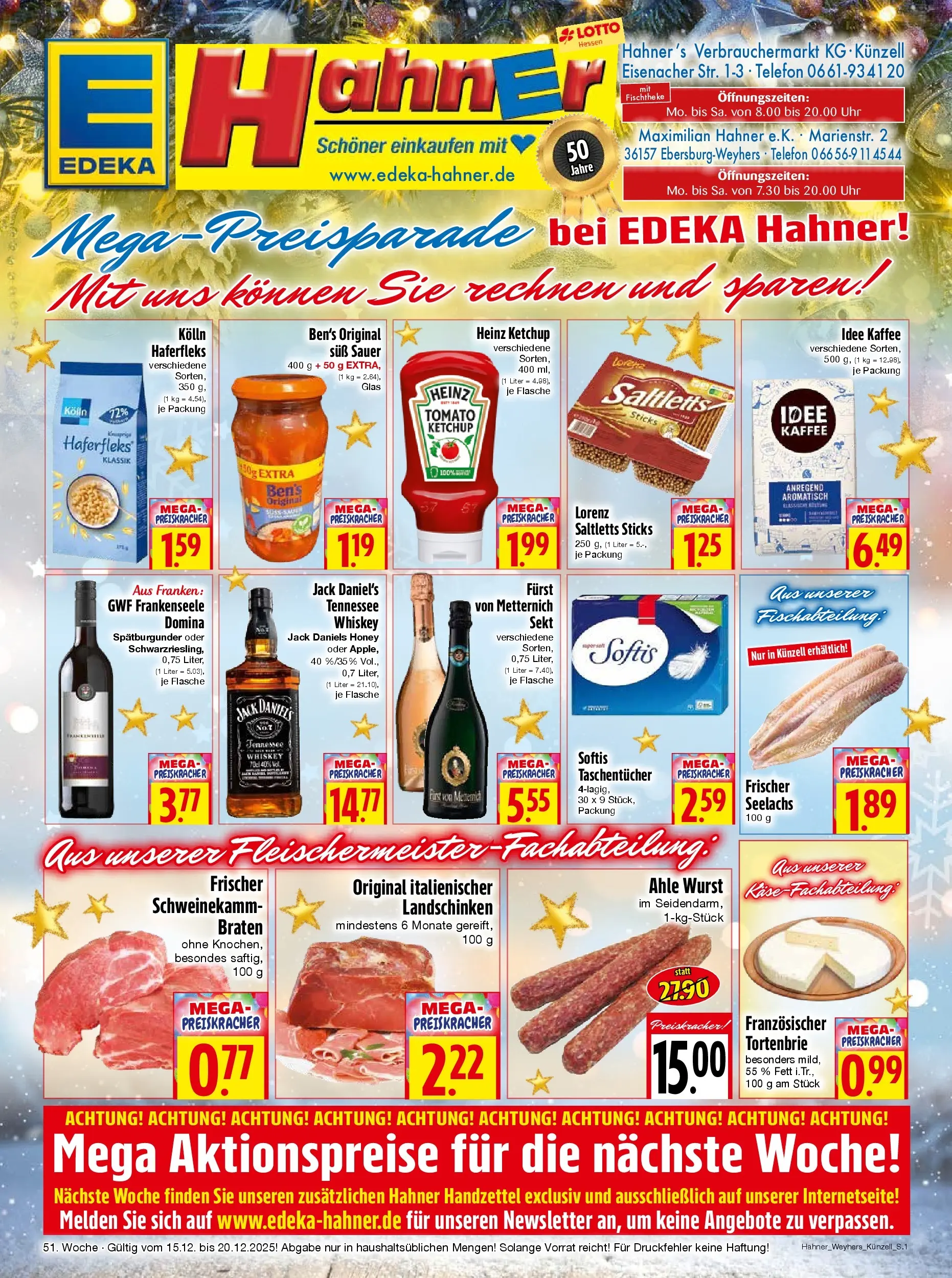 Entdecke - Edeka Hahner: Wochenangebote (ab 14.12.2025) zum Blättern | Seite: 1 | Produkte: Kolln, Käse, Jack Daniel's, Telefon