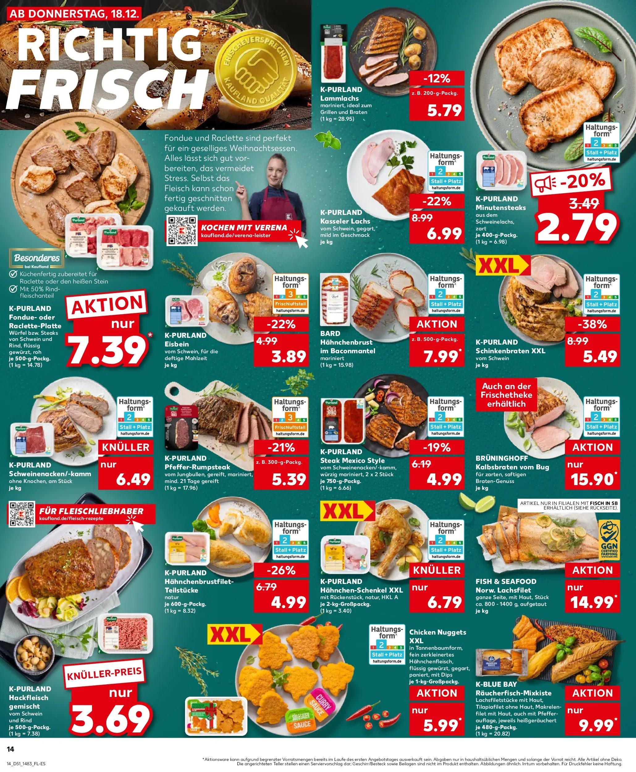 Prospekt Kaufland ab 18.12.2025 » Angebote Online zum Blättern | Seite: 14 | Produkte: Hahnchenschenkel, Steak, Fondue, Fleisch