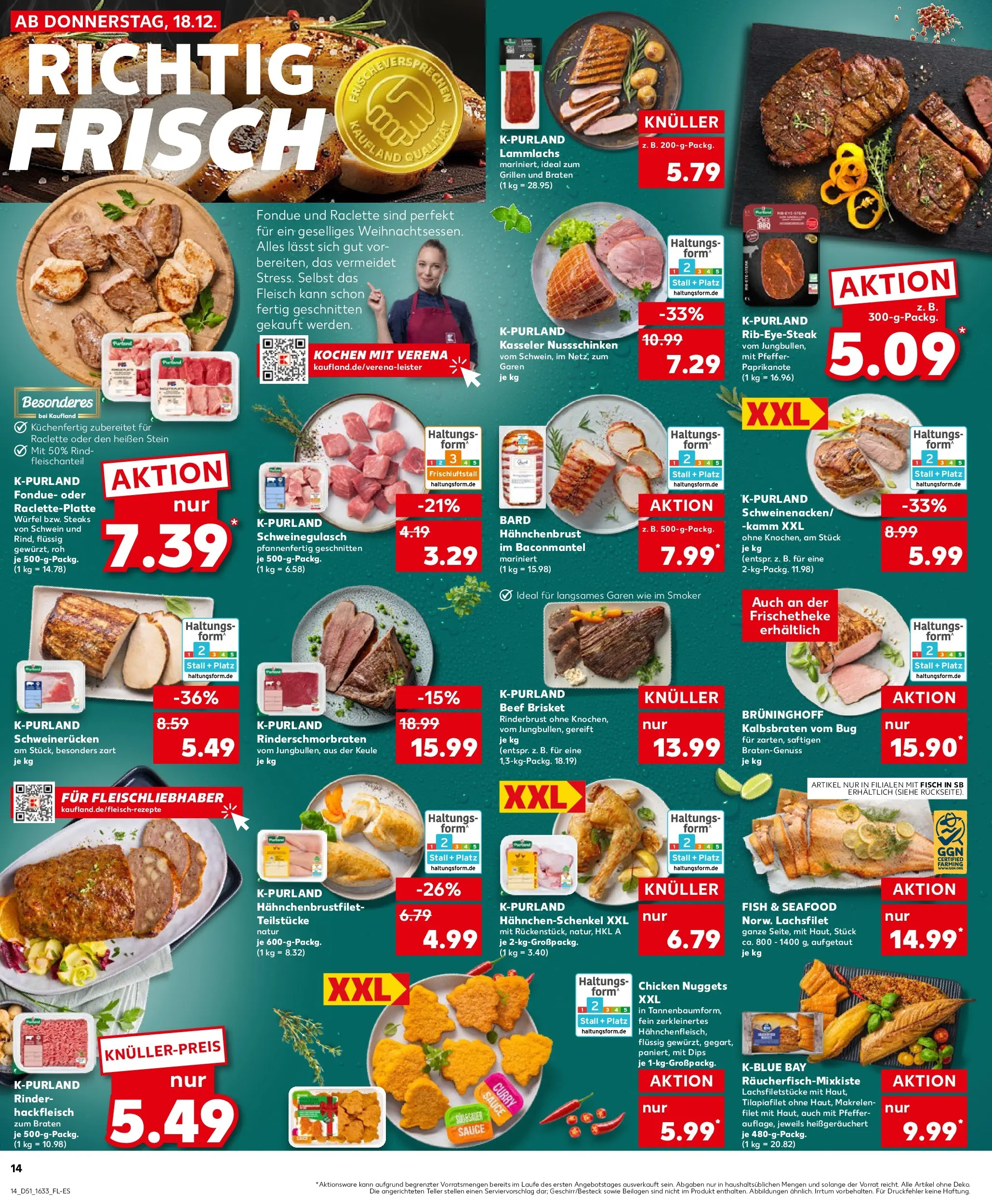 Prospekt Kaufland ab 18.12.2025 » Angebote Online zum Blättern | Seite: 14 | Produkte: Hahnchenschenkel, Schweinerucken, Raclette, Steak
