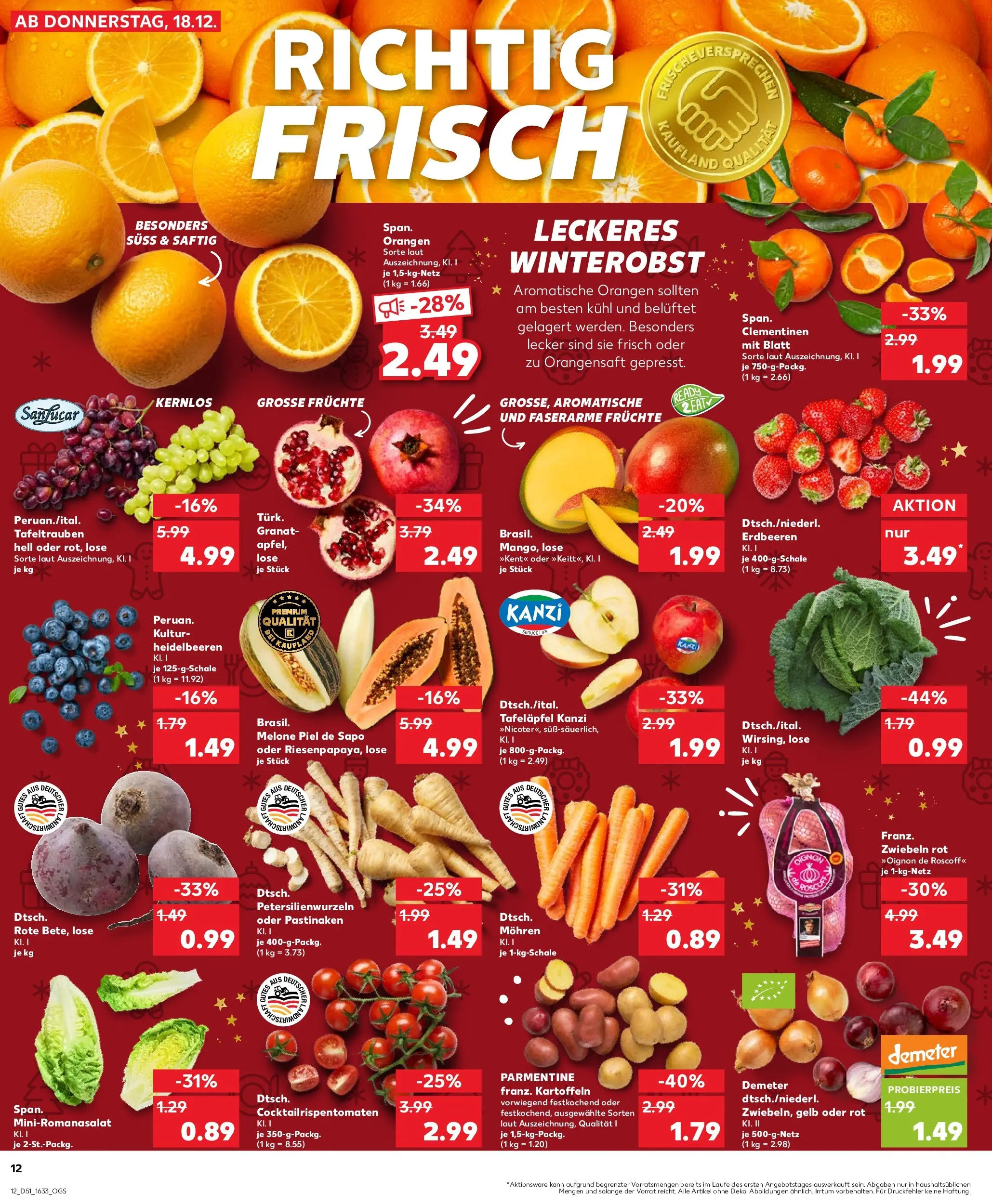Prospekt Kaufland ab 18.12.2025 » Angebote Online zum Blättern | Seite: 12 | Produkte: Orangen, Orangensaft, Mohren, Zwiebeln