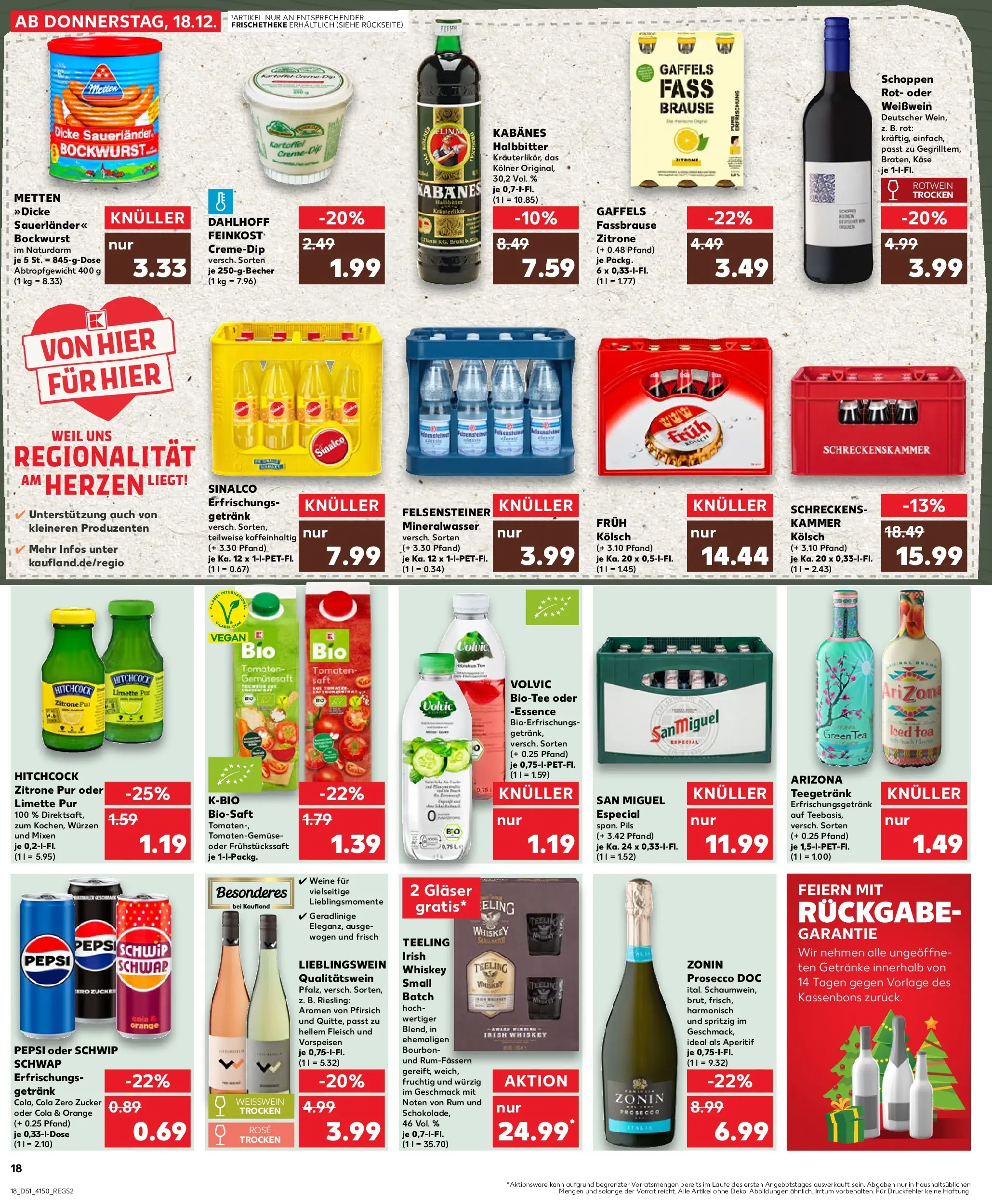 Prospekt Kaufland ab 18.12.2025 » Angebote Online zum Blättern | Seite: 18 | Produkte: Bockwurst, Käse, Mineralwasser, Pfirsich