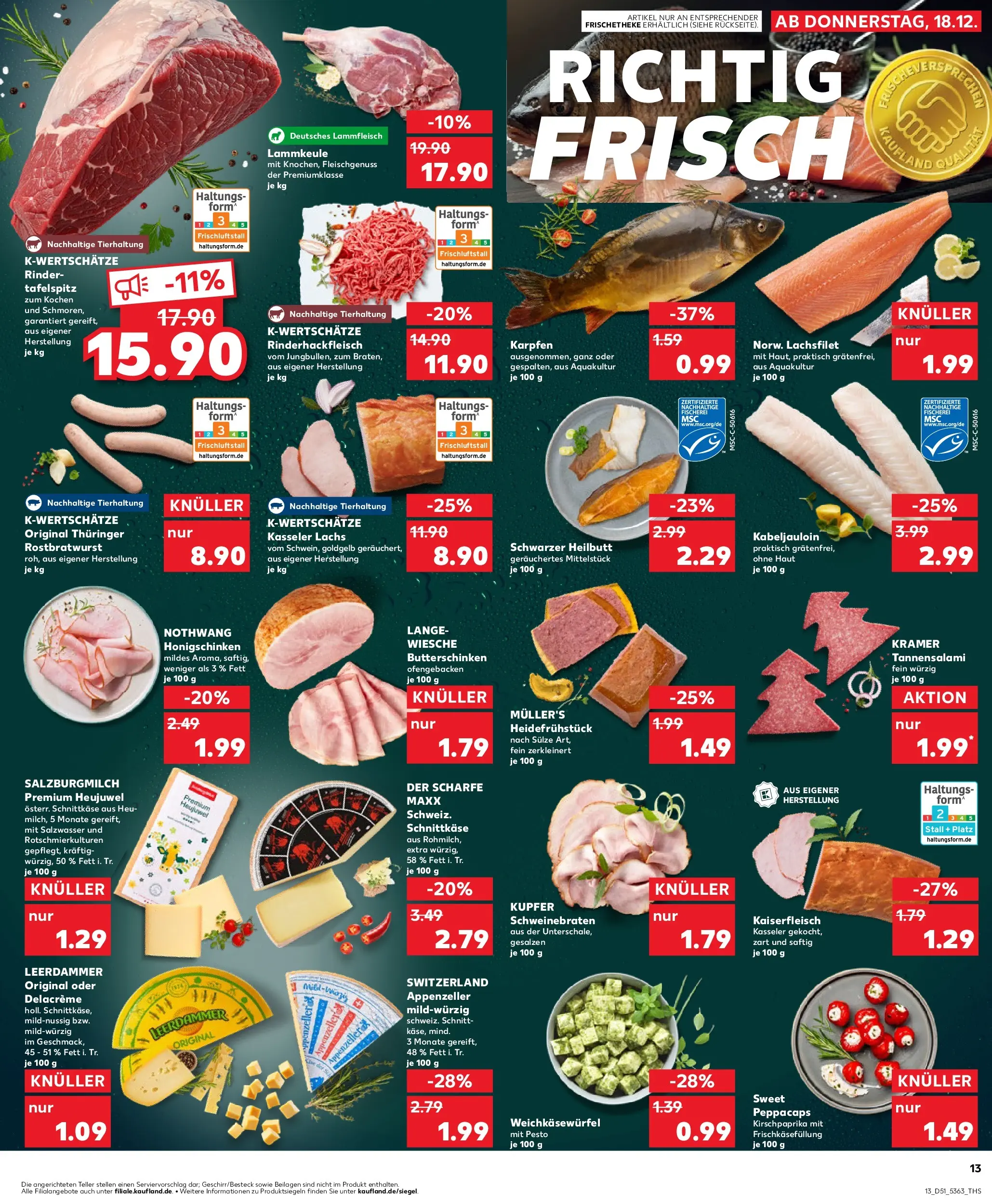 Prospekt Kaufland ab 18.12.2025 » Angebote Online zum Blättern | Seite: 13 | Produkte: Lammkeule, Butter, Lachs, Salami
