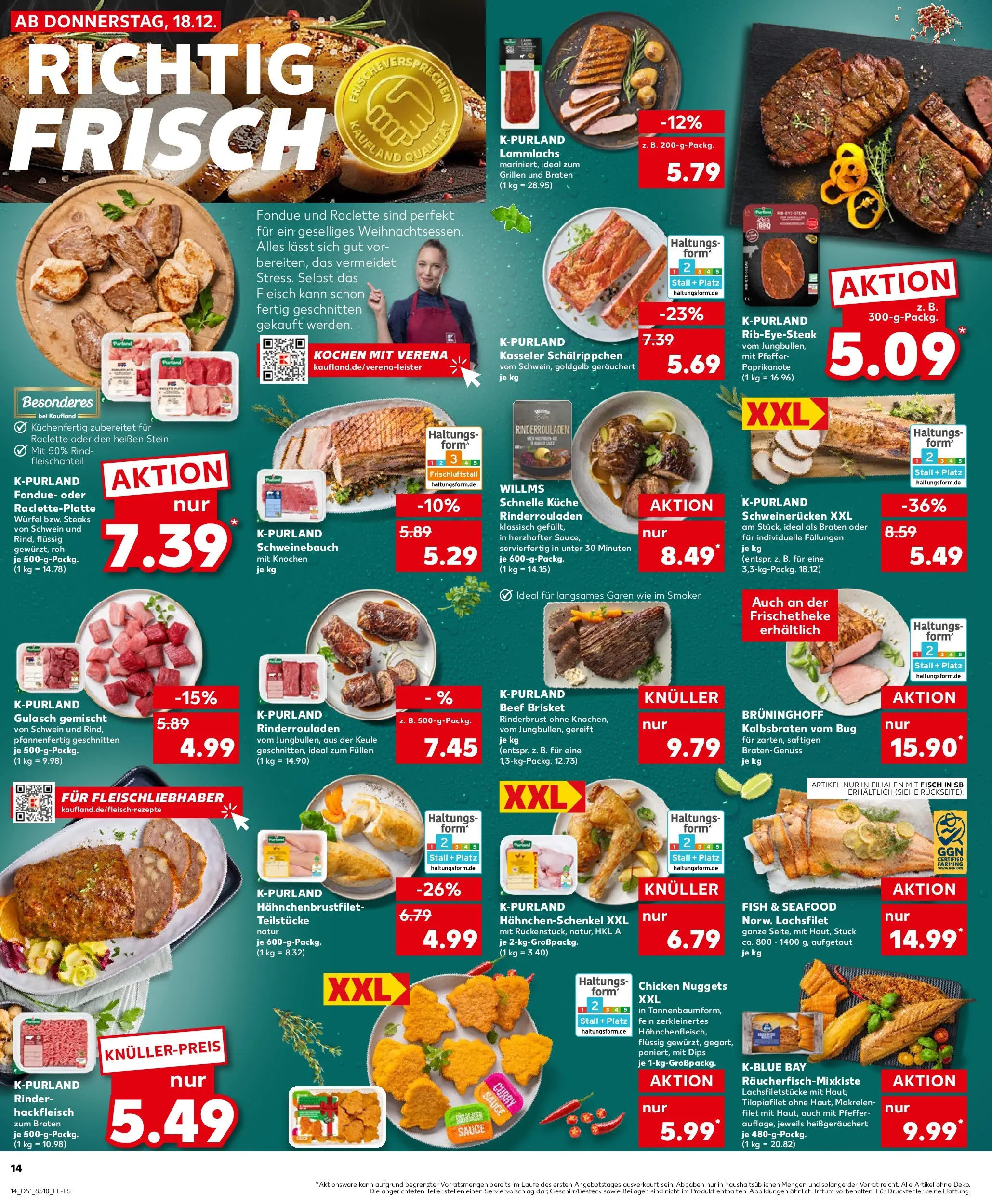 Prospekt Kaufland ab 18.12.2025 » Angebote Online zum Blättern | Seite: 14 | Produkte: Rinderrouladen, Fisch, Steak, Fleisch