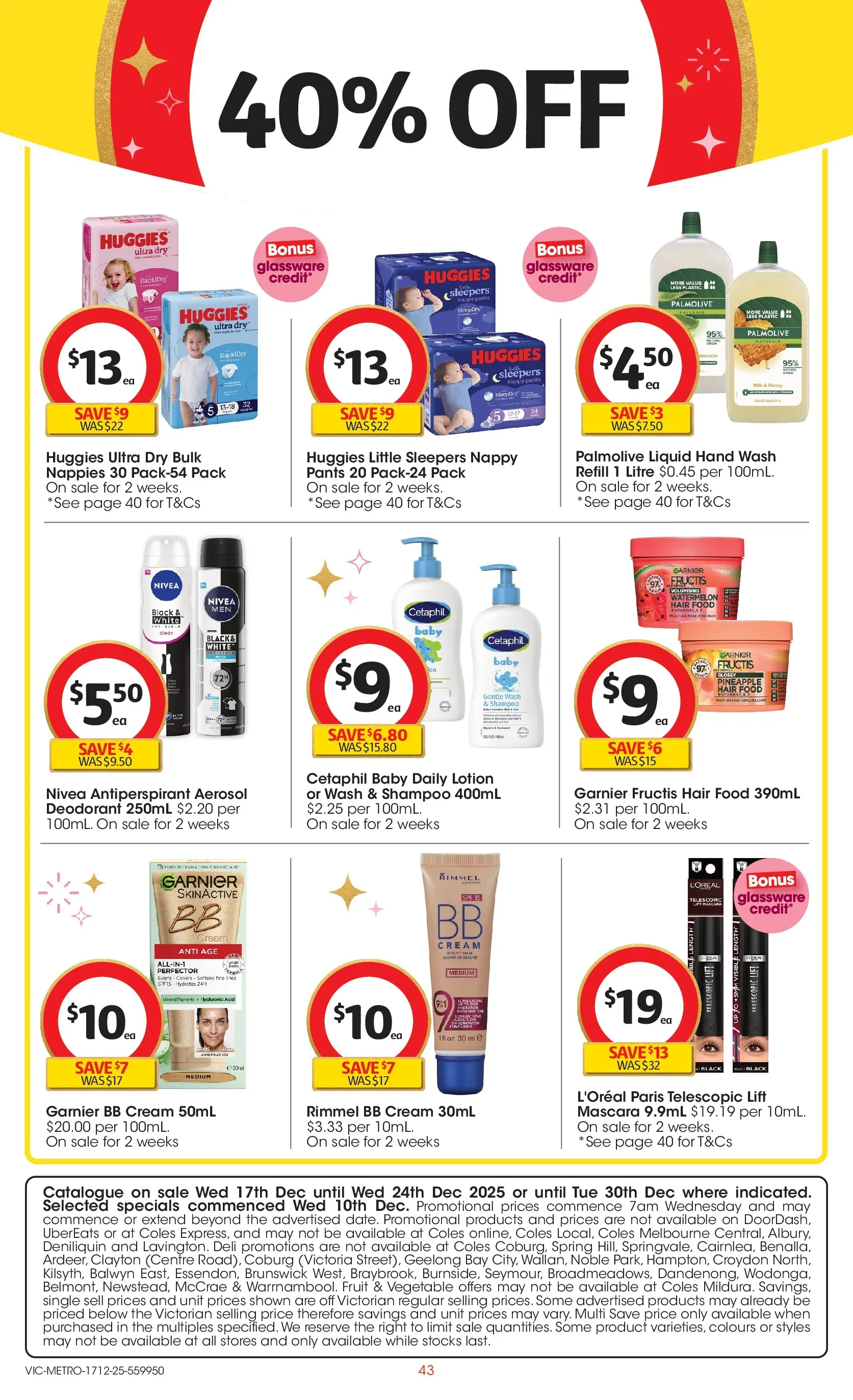 ﻿Coles catalogue valid from 16/12/2025 > Online Australia | Page: 43 | Products: Bb cream, Mascara, Shampoo, Glassware