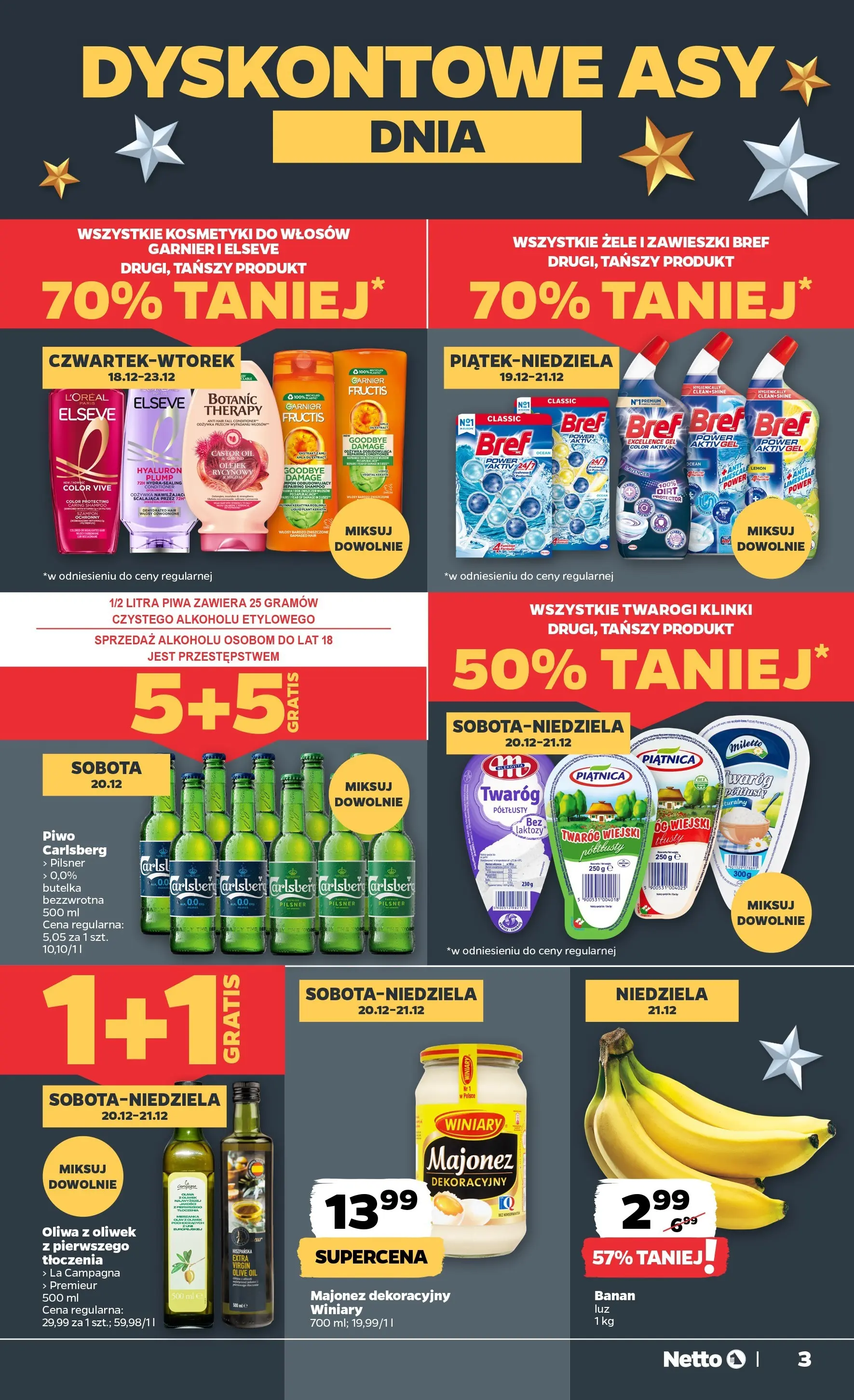 Netto gazetka od 18.12.2025 | Boże Narodzenie 🎄🎁 | Strona: 3 | Produkty: Twaróg półtłusty, Oliwa z oliwek, Piwo, Majonez