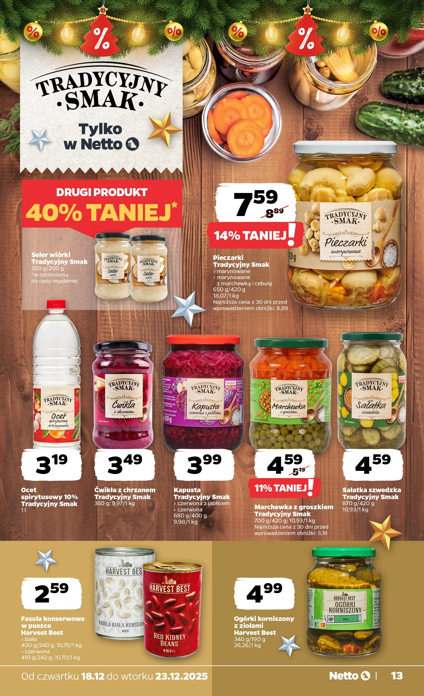 Netto gazetka od 18.12.2025 | Boże Narodzenie 🎄🎁 | Strona: 13 | Produkty: Ocet, Pieczarki, Sałatka szwedzka, Fasola biała