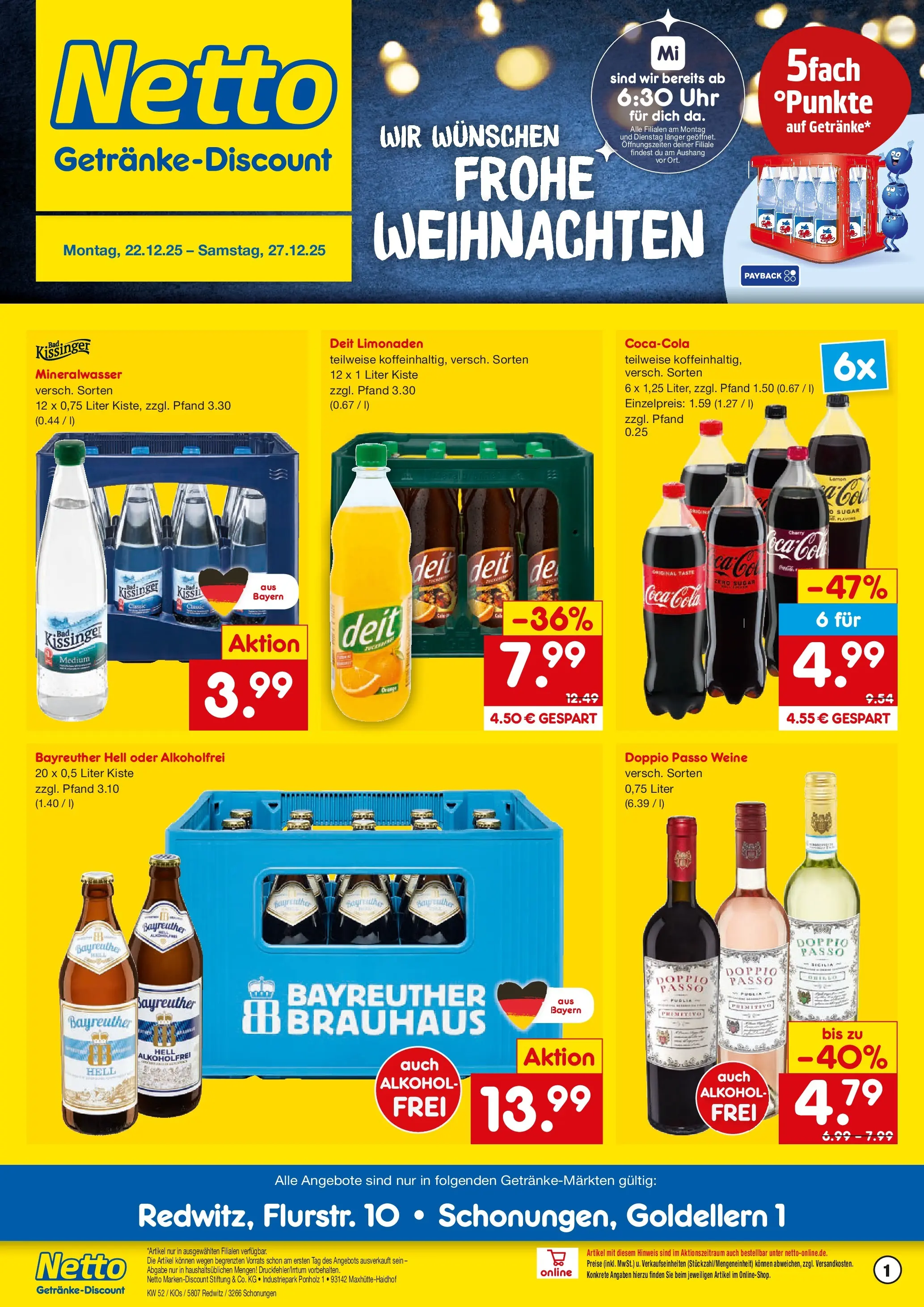 Netto Marken-Discount prospekt Redwitz	 (ab 22.12.2025) » Angebote | Seite: 1 | Produkte: Bayreuther hell, Mineralwasser, Doppio Passo, Uhr