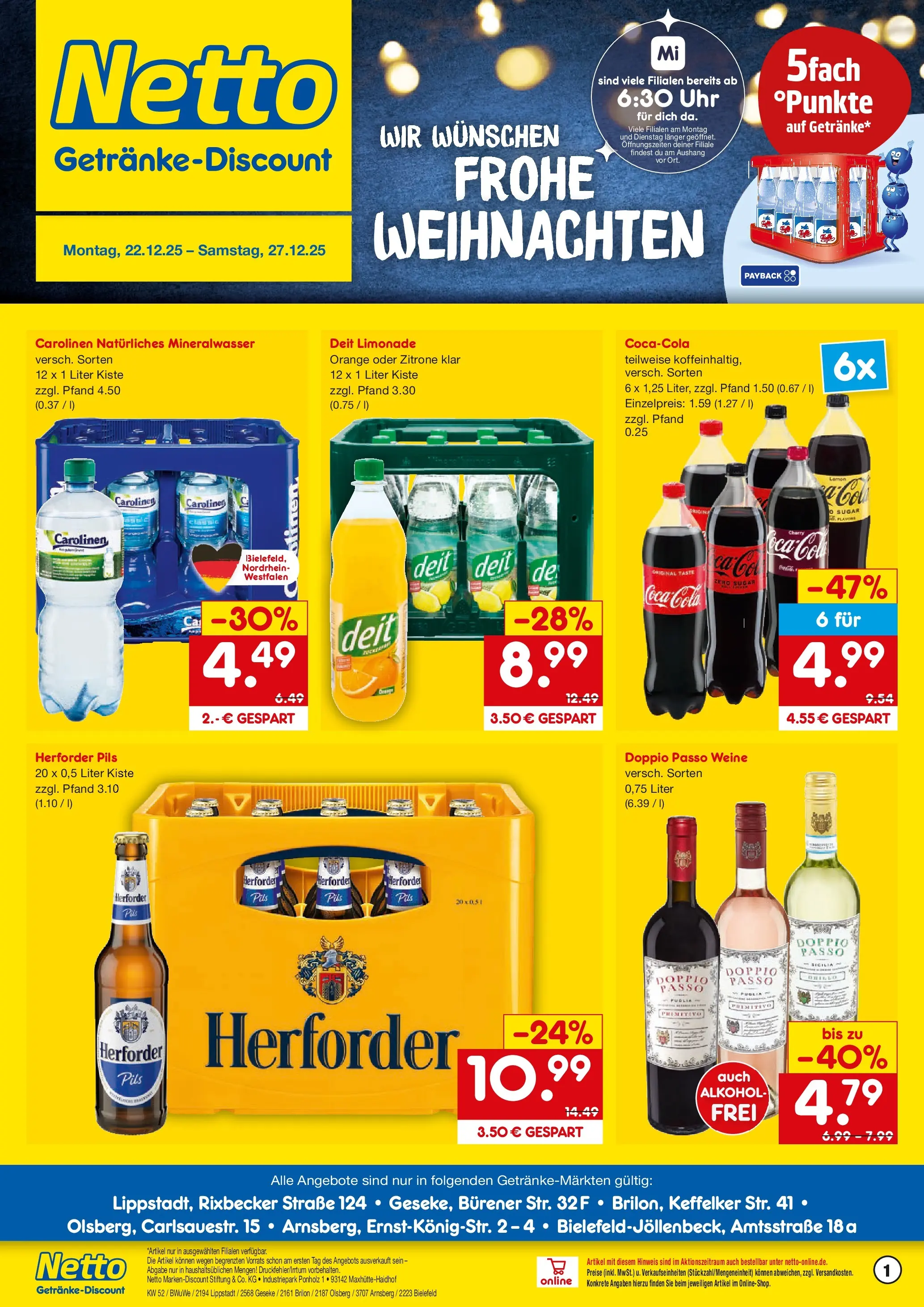 Netto Marken-Discount prospekt Bielefeld-Jöllenbeck	 (ab 22.12.2025) » Angebote | Seite: 1 | Produkte: Cola, Pils, Limonade, Mineralwasser