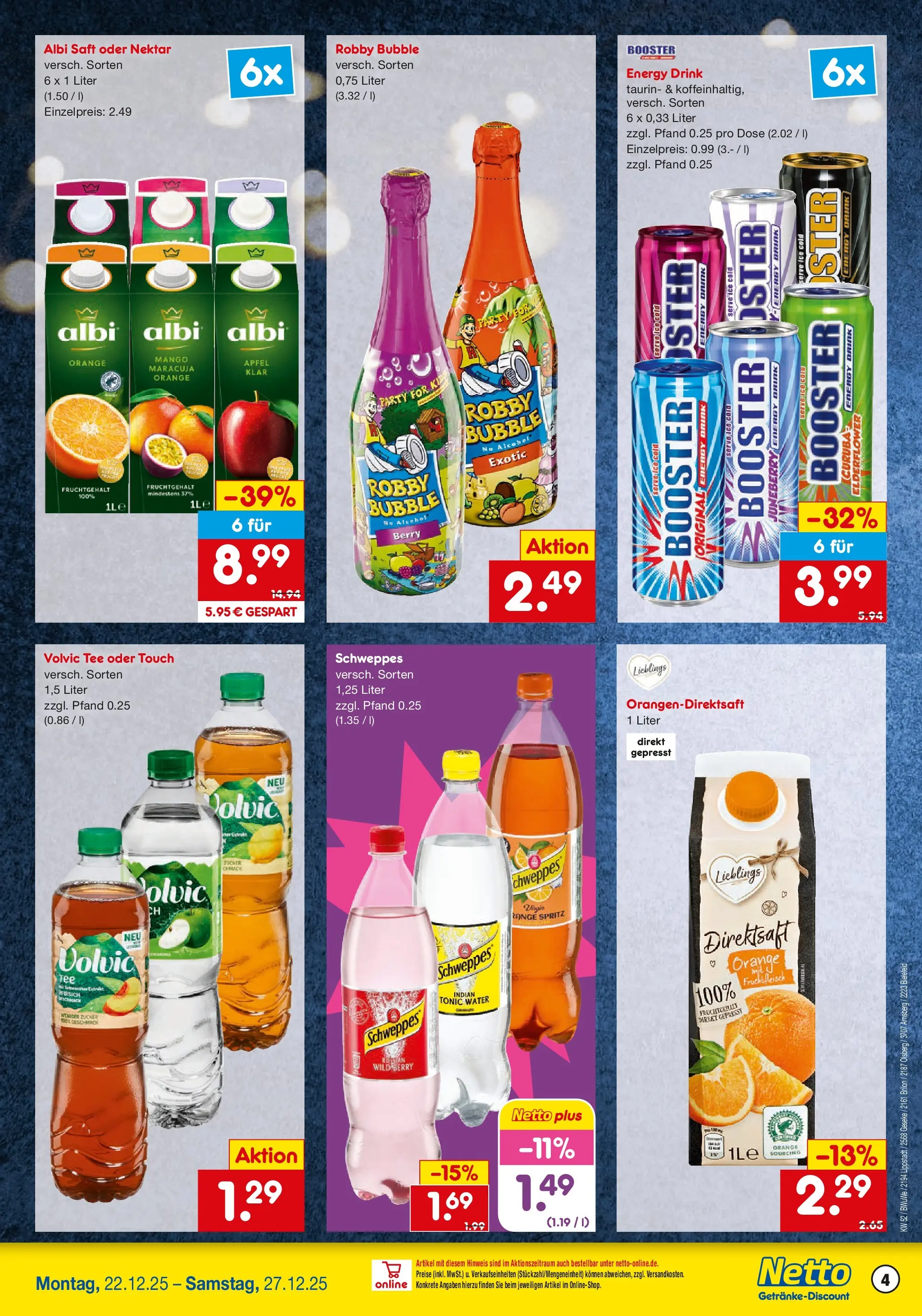 Netto Marken-Discount prospekt Bielefeld-Jöllenbeck	 (ab 22.12.2025) » Angebote | Seite: 4 | Produkte: Schweppes, Zucker, Mango, Saft
