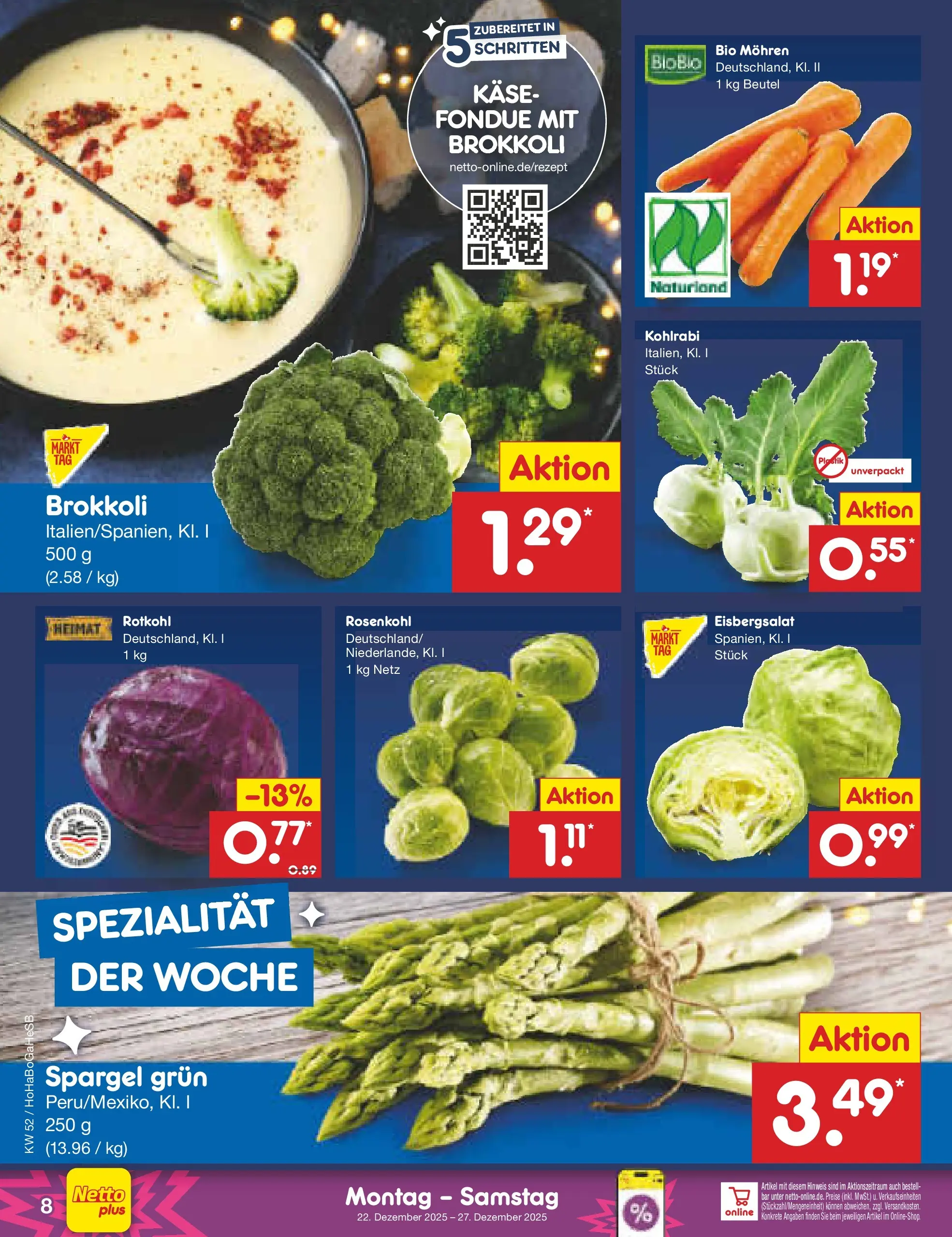 Netto Marken-Discount prospekt Kröpelin	 (ab 22.12.2025) » Angebote | Seite: 8 | Produkte: Käse, Kohlrabi, Spargel, Mohren