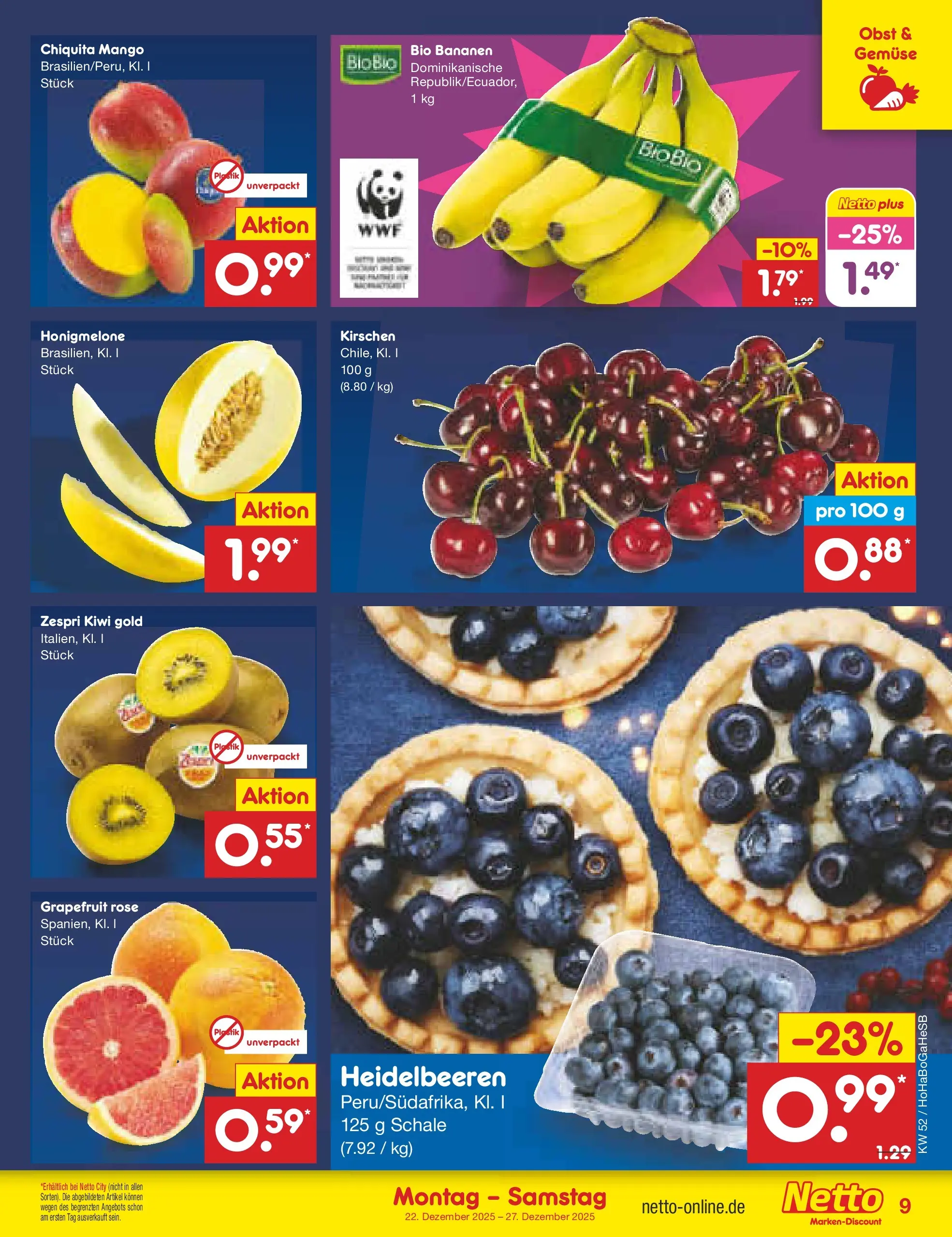 Netto Marken-Discount prospekt Kröpelin	 (ab 22.12.2025) » Angebote | Seite: 9 | Produkte: Kirschen, Honigmelone, Obst, Mango