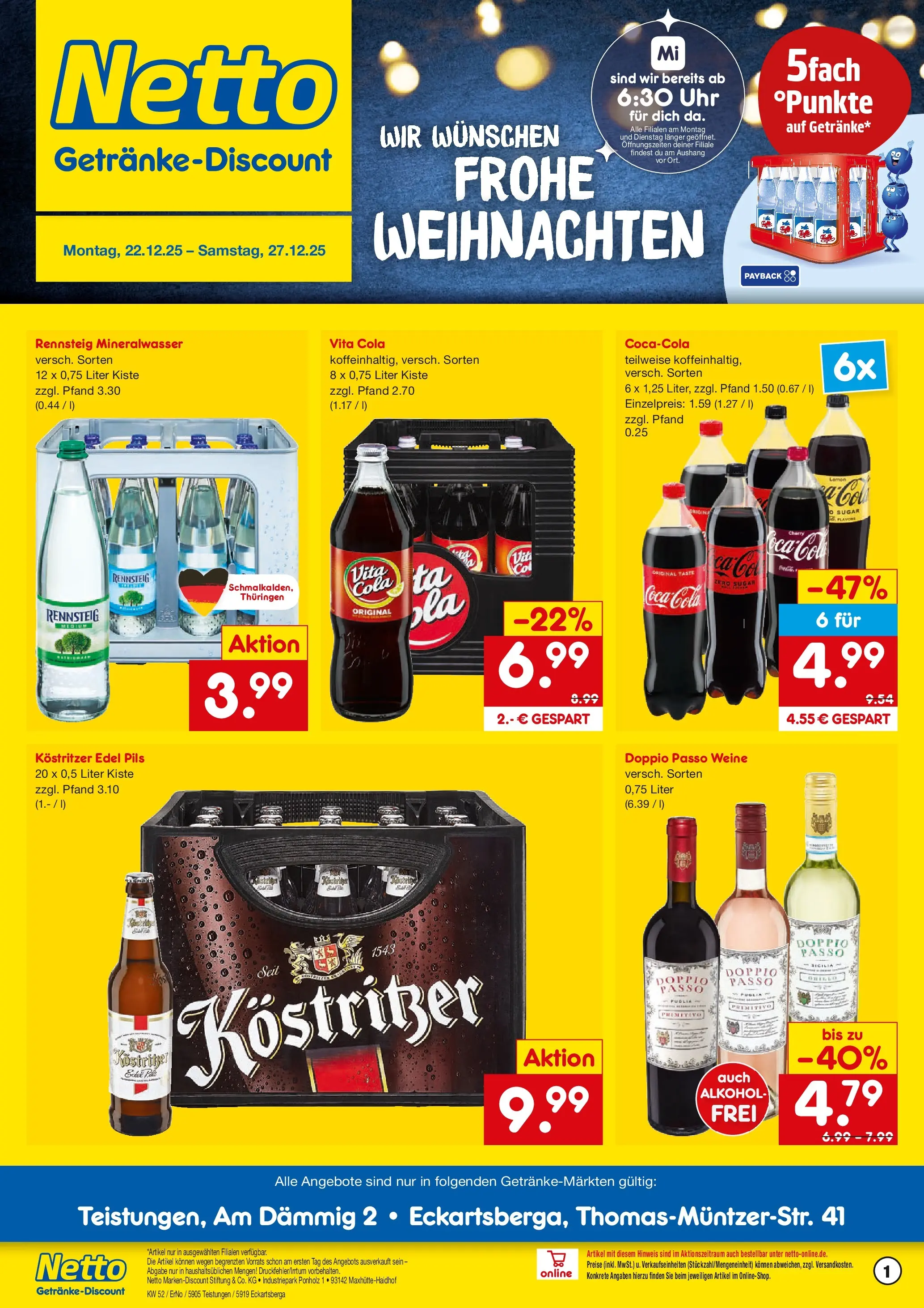 Netto Marken-Discount prospekt Eckartsberga	 (ab 22.12.2025) » Angebote | Seite: 1 | Produkte: Cola, Pils, Mineralwasser, Uhr