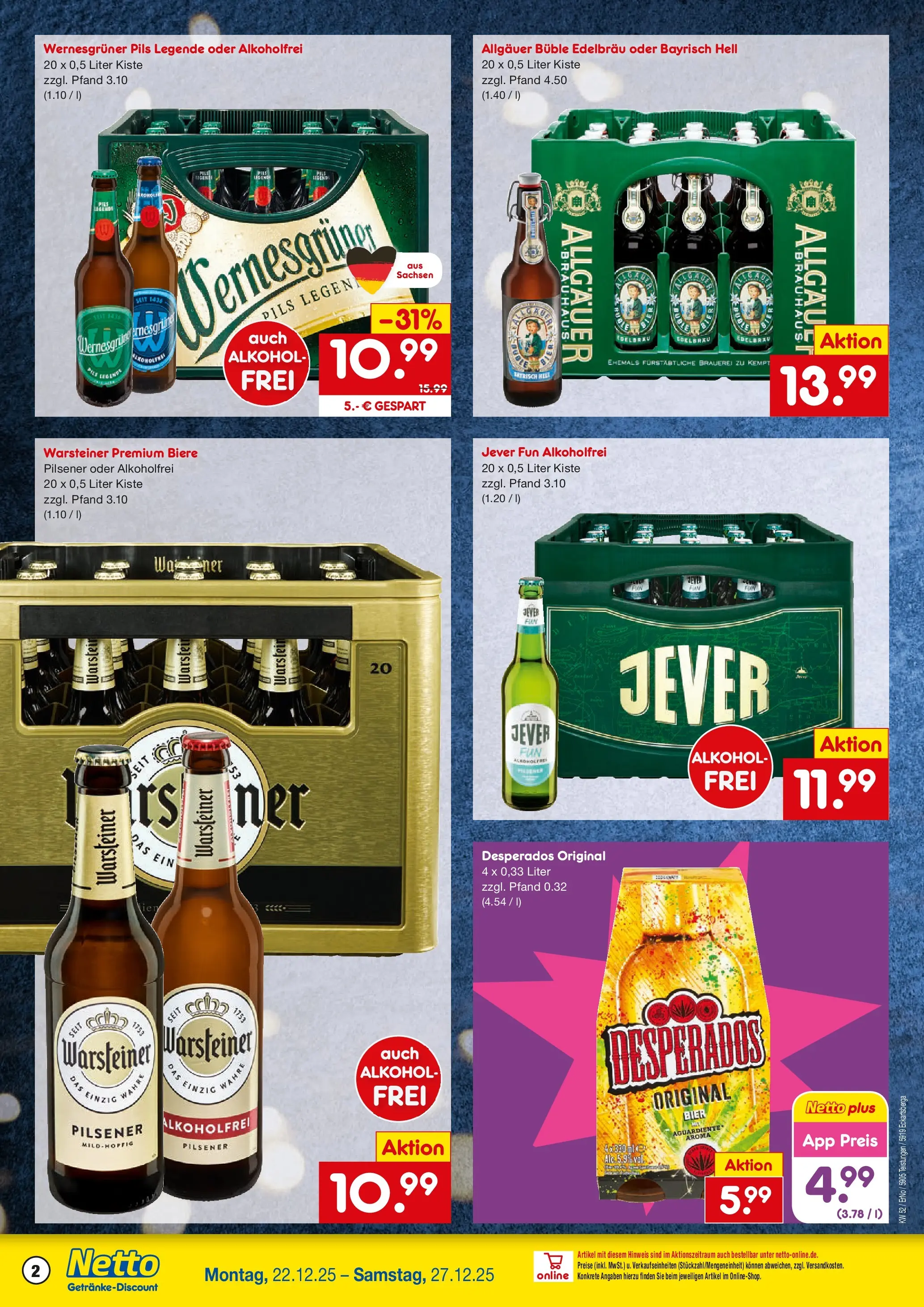 Netto Marken-Discount prospekt Eckartsberga	 (ab 22.12.2025) » Angebote | Seite: 2 | Produkte: Wernesgruner, Warsteiner, Jever, Desperados