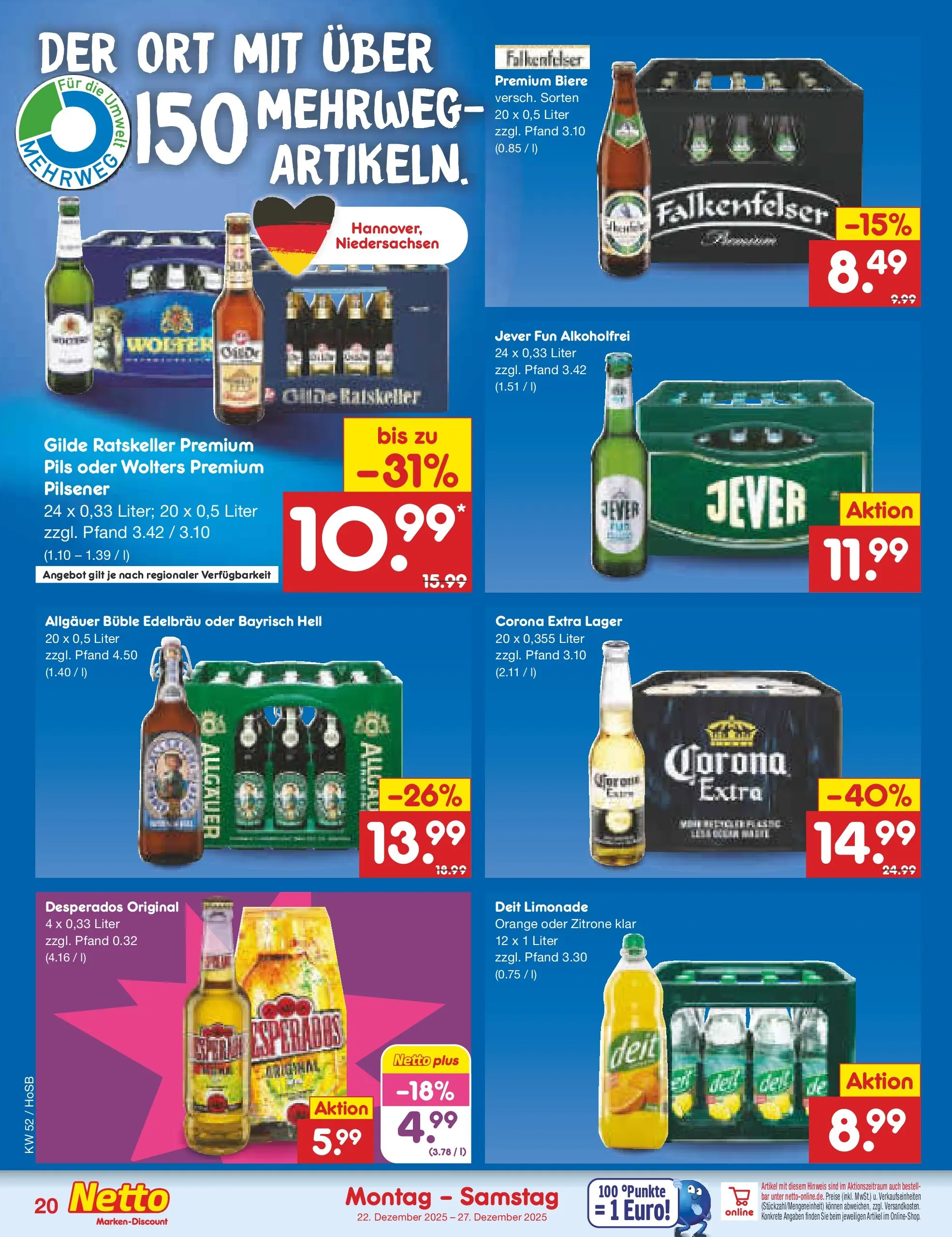 Netto Marken-Discount prospekt Hannover	 (ab 22.12.2025) » Angebote | Seite: 20 | Produkte: Pils, Limonade, Jever, Desperados
