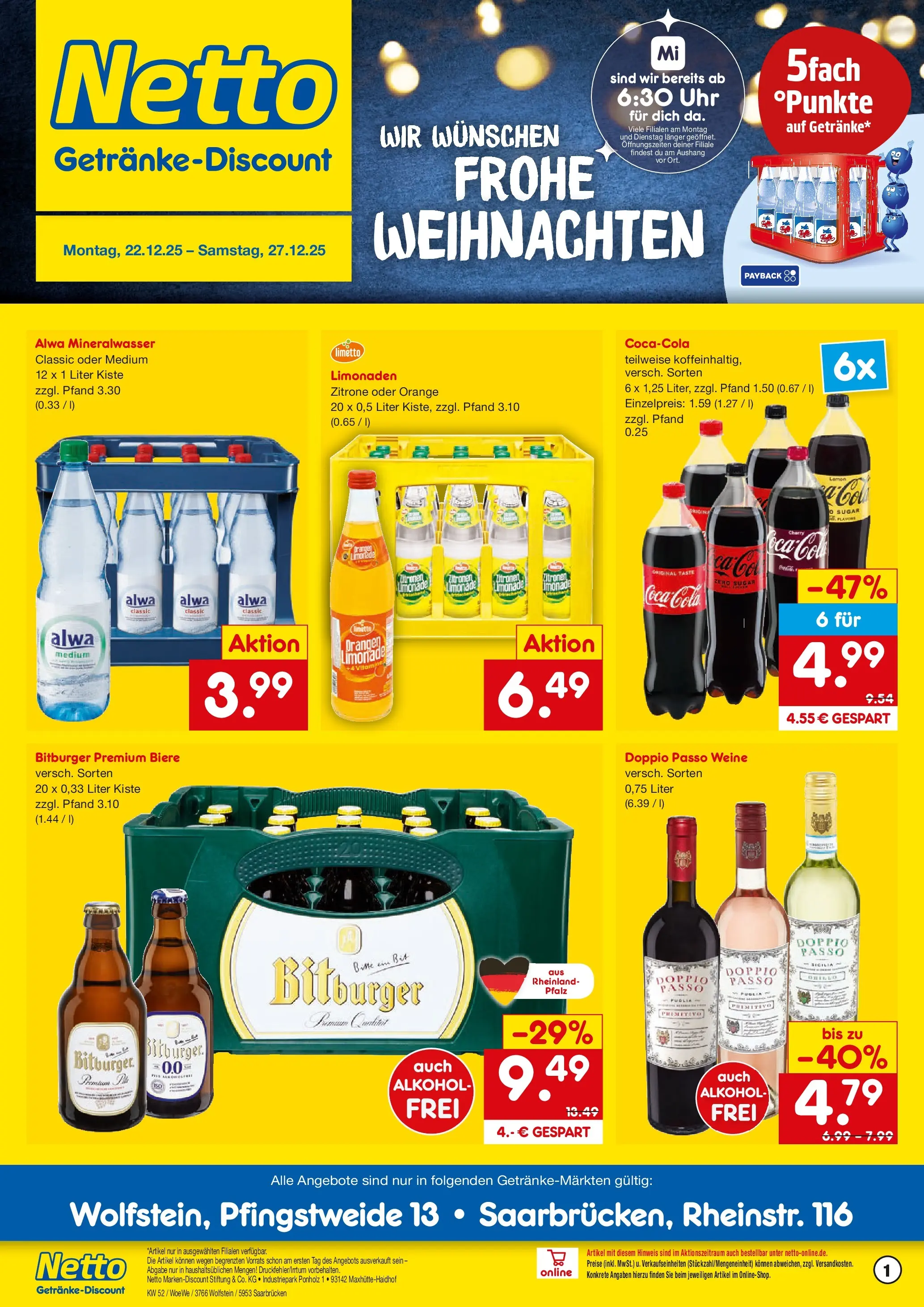 Netto Marken-Discount prospekt Saarbrücken	 (ab 22.12.2025) » Angebote | Seite: 1 | Produkte: Orangen, Mineralwasser, Doppio Passo, Zitronen