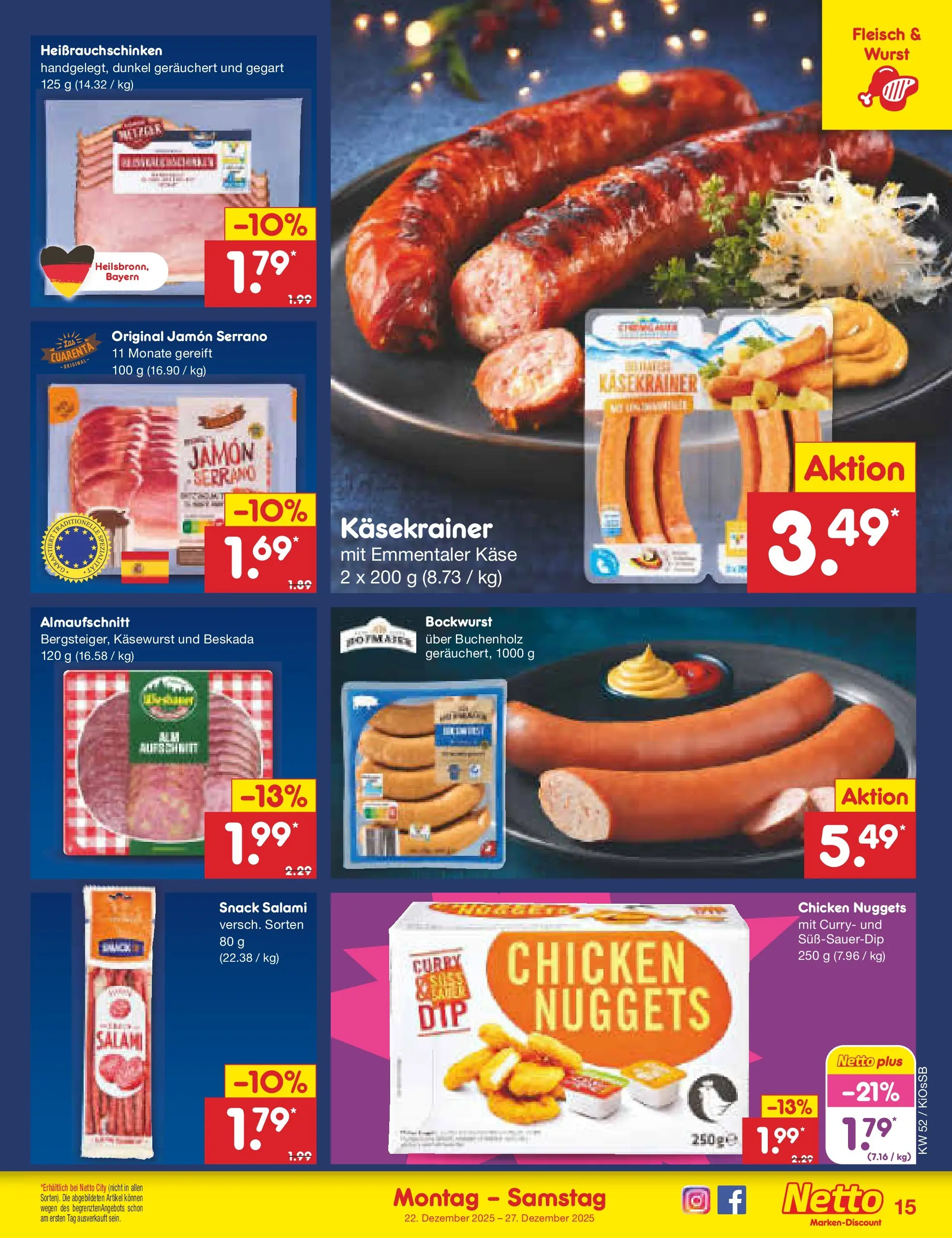 Netto Marken-Discount prospekt Oberhaid	 (ab 22.12.2025) » Angebote | Seite: 15 | Produkte: Bockwurst, Käsekrainer, Wurst, Salami