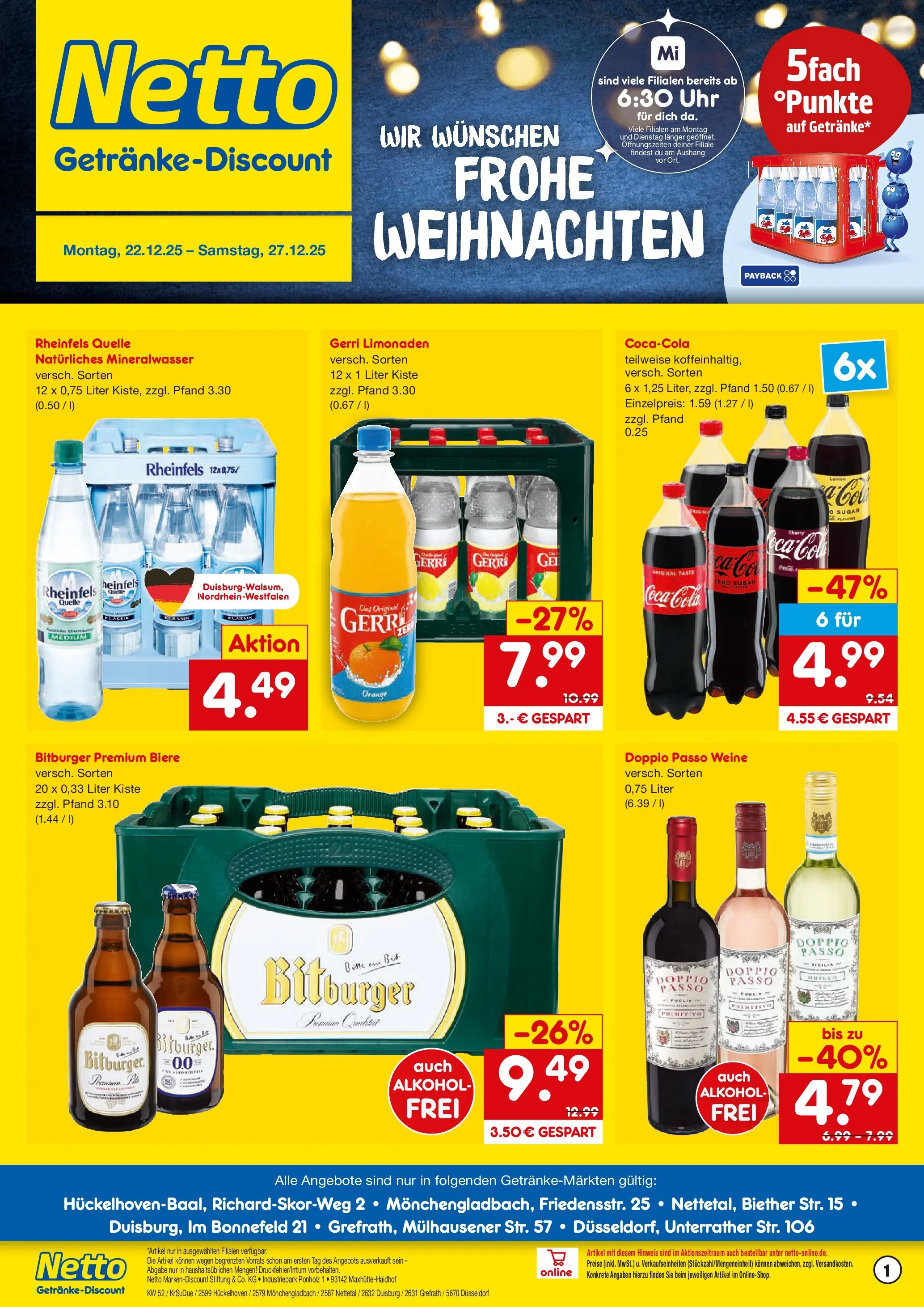 Netto Marken-Discount prospekt Duisburg	 (ab 22.12.2025) » Angebote | Seite: 1 | Produkte: Coca cola, Cola, Mineralwasser, Doppio Passo
