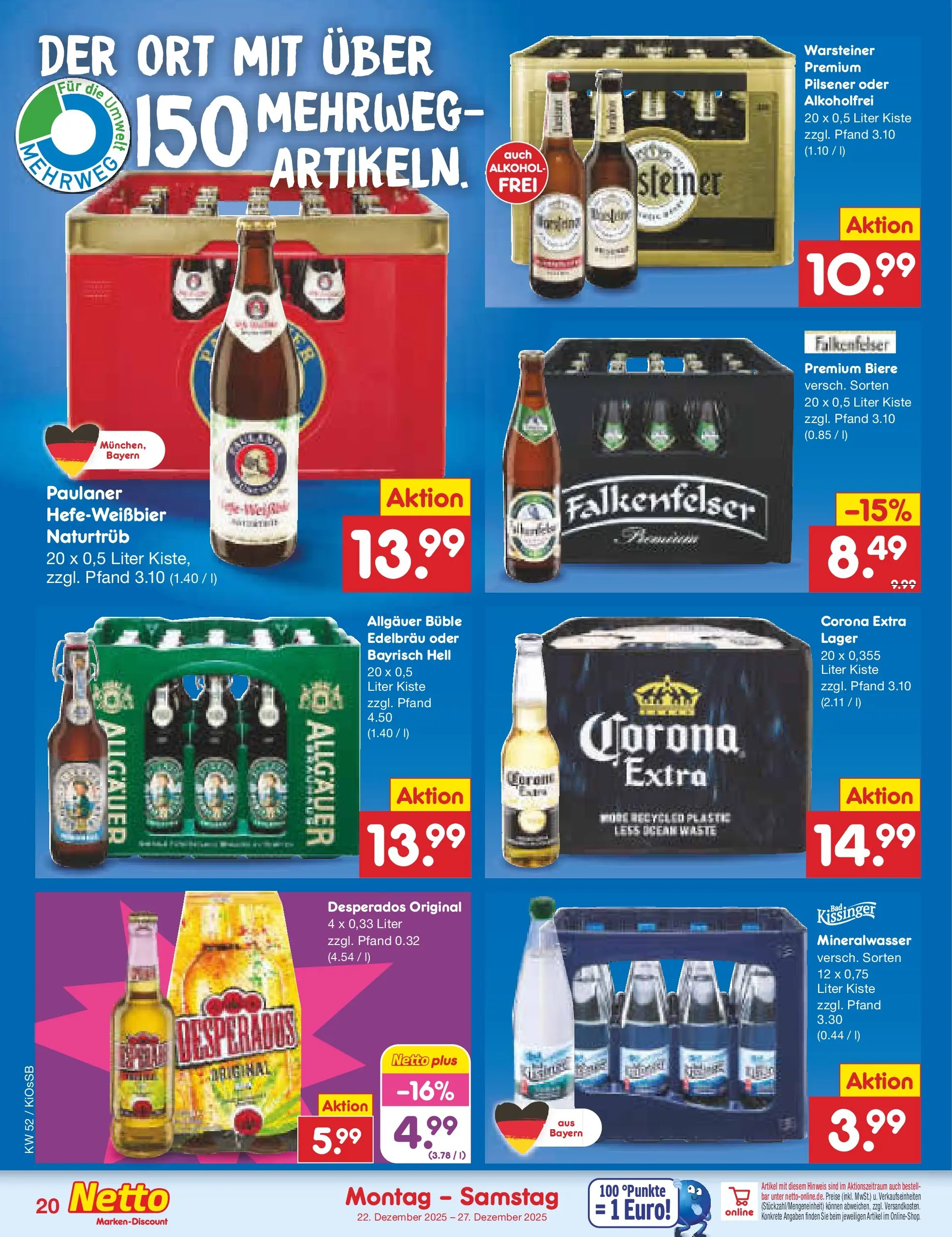 Netto Marken-Discount prospekt Oberhaid	 (ab 22.12.2025) » Angebote | Seite: 20 | Produkte: Mineralwasser, Warsteiner, Desperados, Paulaner