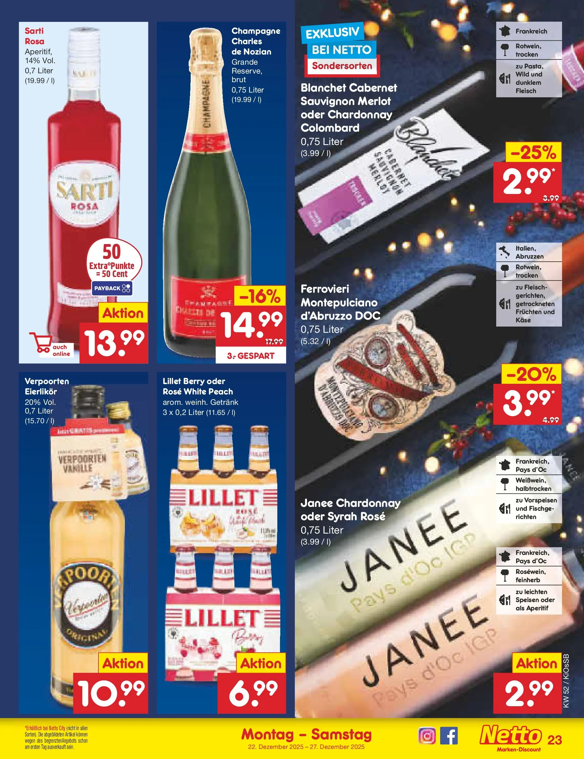 Netto Marken-Discount prospekt Oberhaid	 (ab 22.12.2025) » Angebote | Seite: 23 | Produkte: Käse, Merlot, Lillet, Fleisch