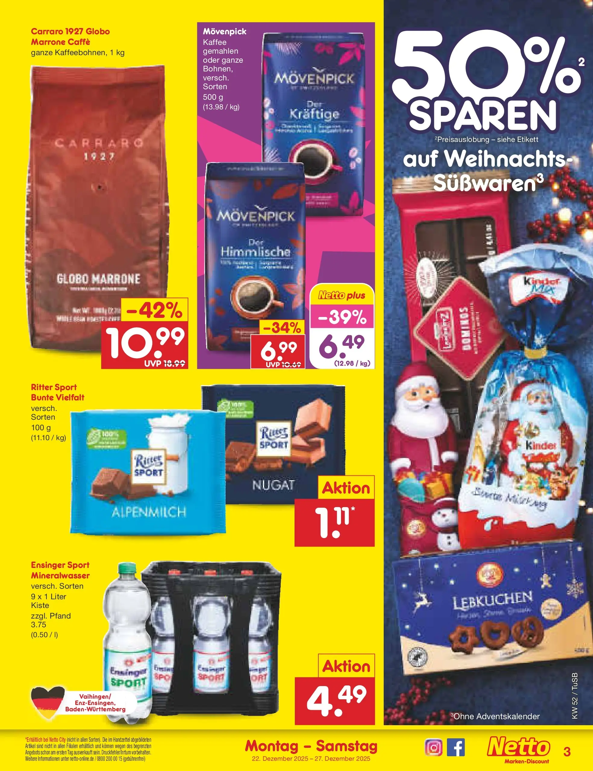 Netto Marken-Discount prospekt Lahr-Langenwinkel	 (ab 22.12.2025) » Angebote | Seite: 3 | Produkte: Kaffee, Ritter sport, Mineralwasser
