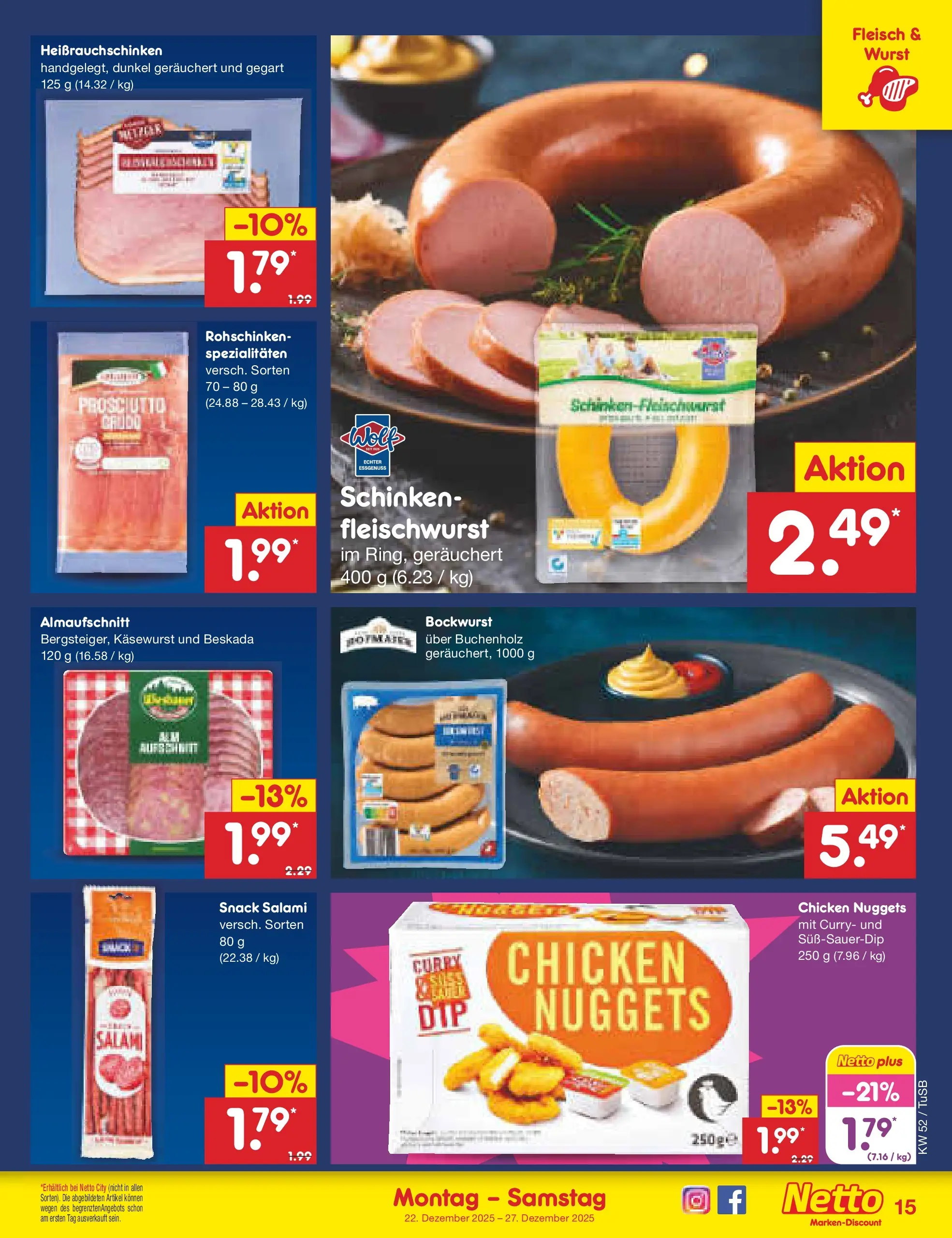 Netto Marken-Discount prospekt Lahr-Langenwinkel	 (ab 22.12.2025) » Angebote | Seite: 15 | Produkte: Bockwurst, Wurst, Salami, Fleisch