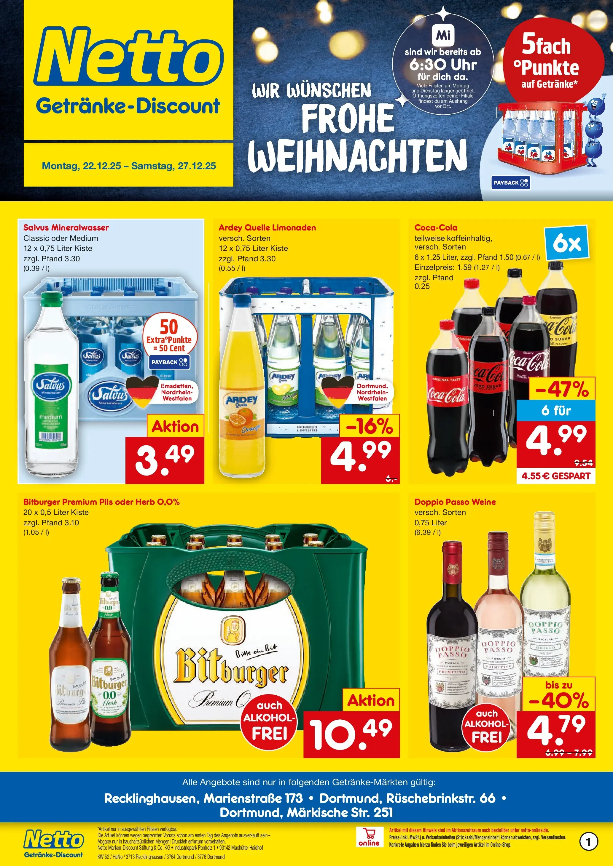 Netto Marken-Discount prospekt Dortmund	 (ab 22.12.2025) » Angebote | Seite: 1 | Produkte: Bitburger, Mineralwasser, Doppio Passo, Uhr