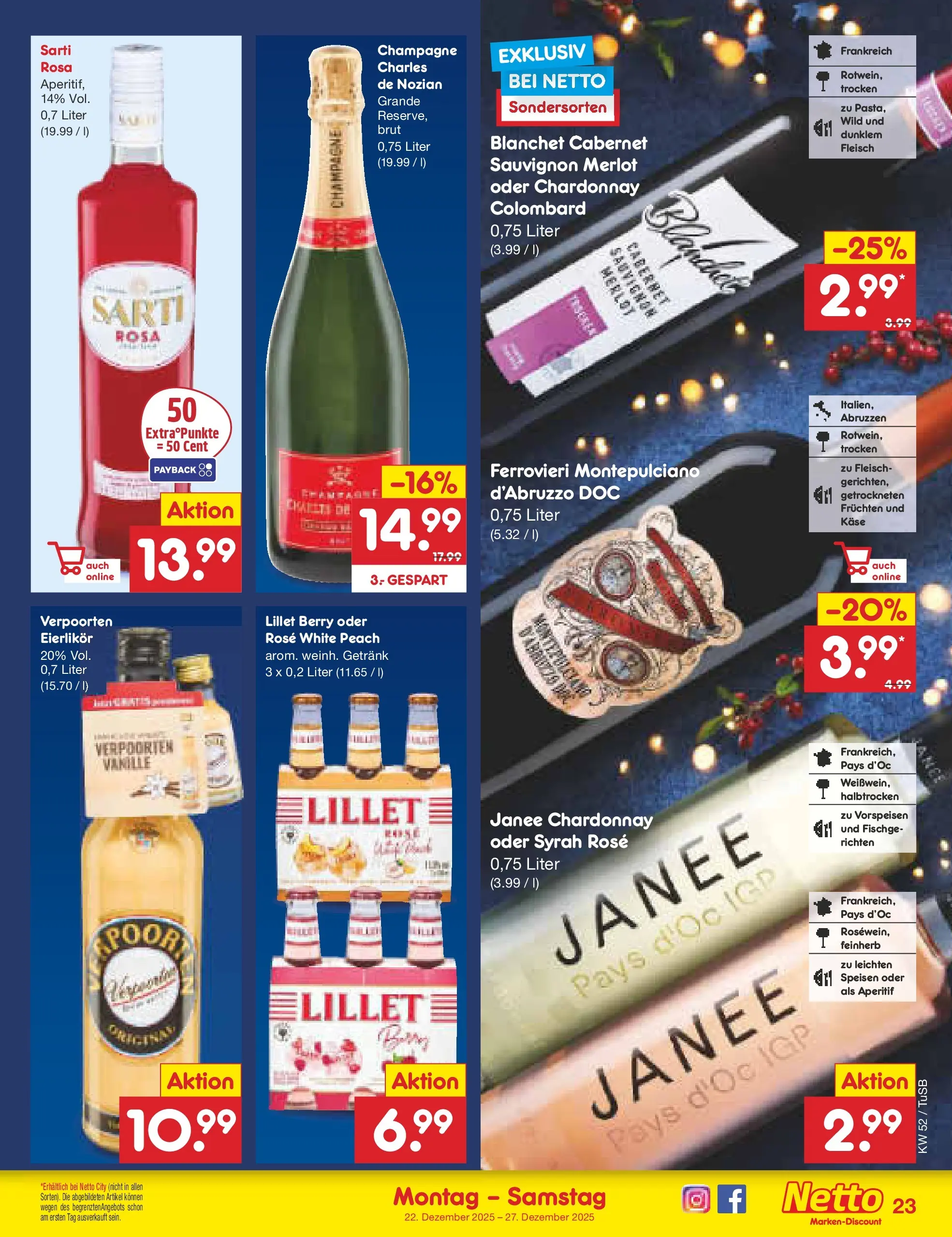 Netto Marken-Discount prospekt Lahr-Langenwinkel	 (ab 22.12.2025) » Angebote | Seite: 23 | Produkte: Käse, Merlot, Lillet, Fleisch