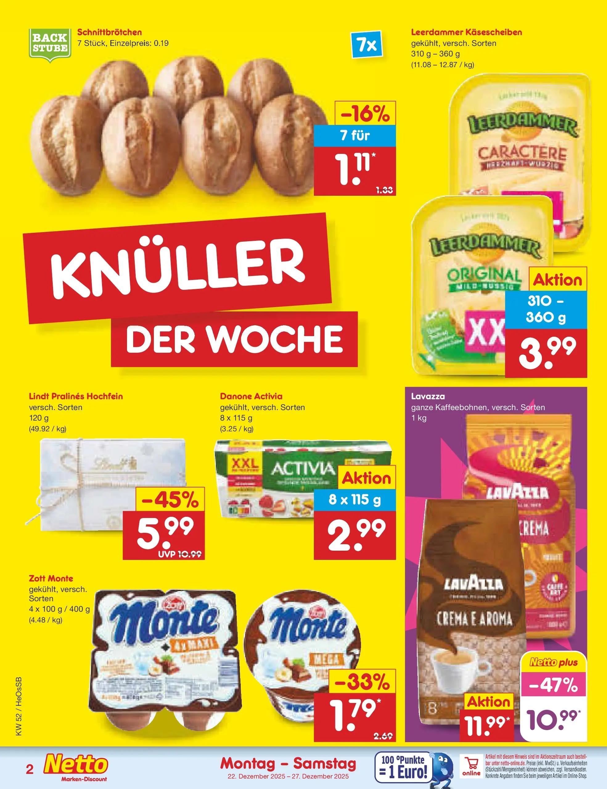 Netto Marken-Discount prospekt Kröpelin	 (ab 22.12.2025) » Angebote | Seite: 2 | Produkte: Activia, Danone activia, Leerdammer, Lindt