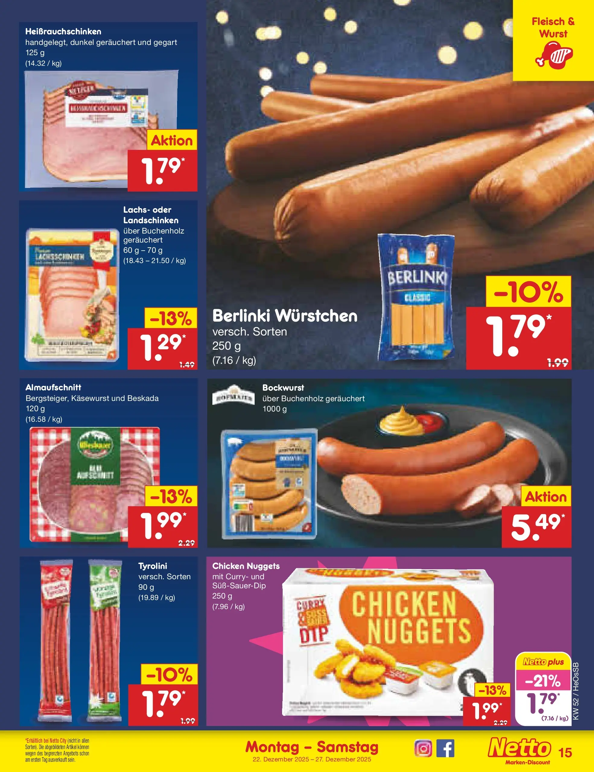 Netto Marken-Discount prospekt Kröpelin	 (ab 22.12.2025) » Angebote | Seite: 15 | Produkte: Bockwurst, Lachs, Wurst, Fleisch