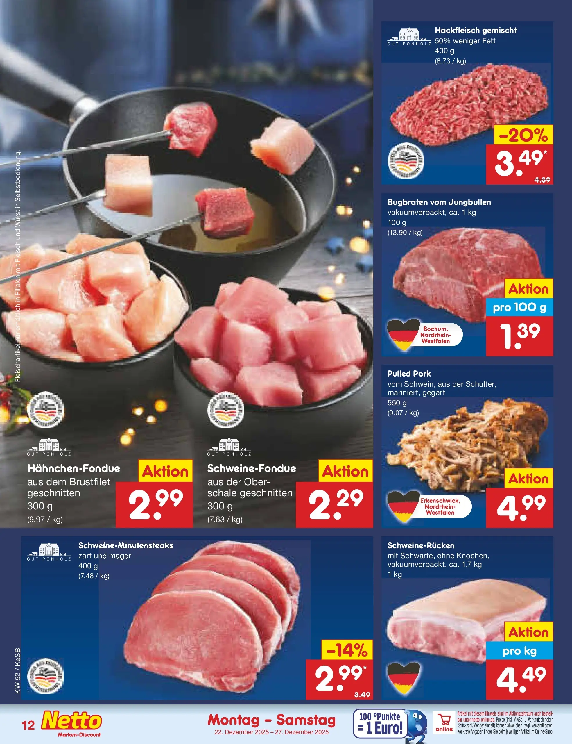 Netto Marken-Discount prospekt Bonn	 (ab 22.12.2025) » Angebote | Seite: 12 | Produkte: Wurst, Schweinerucken, Fleisch, Hackfleisch