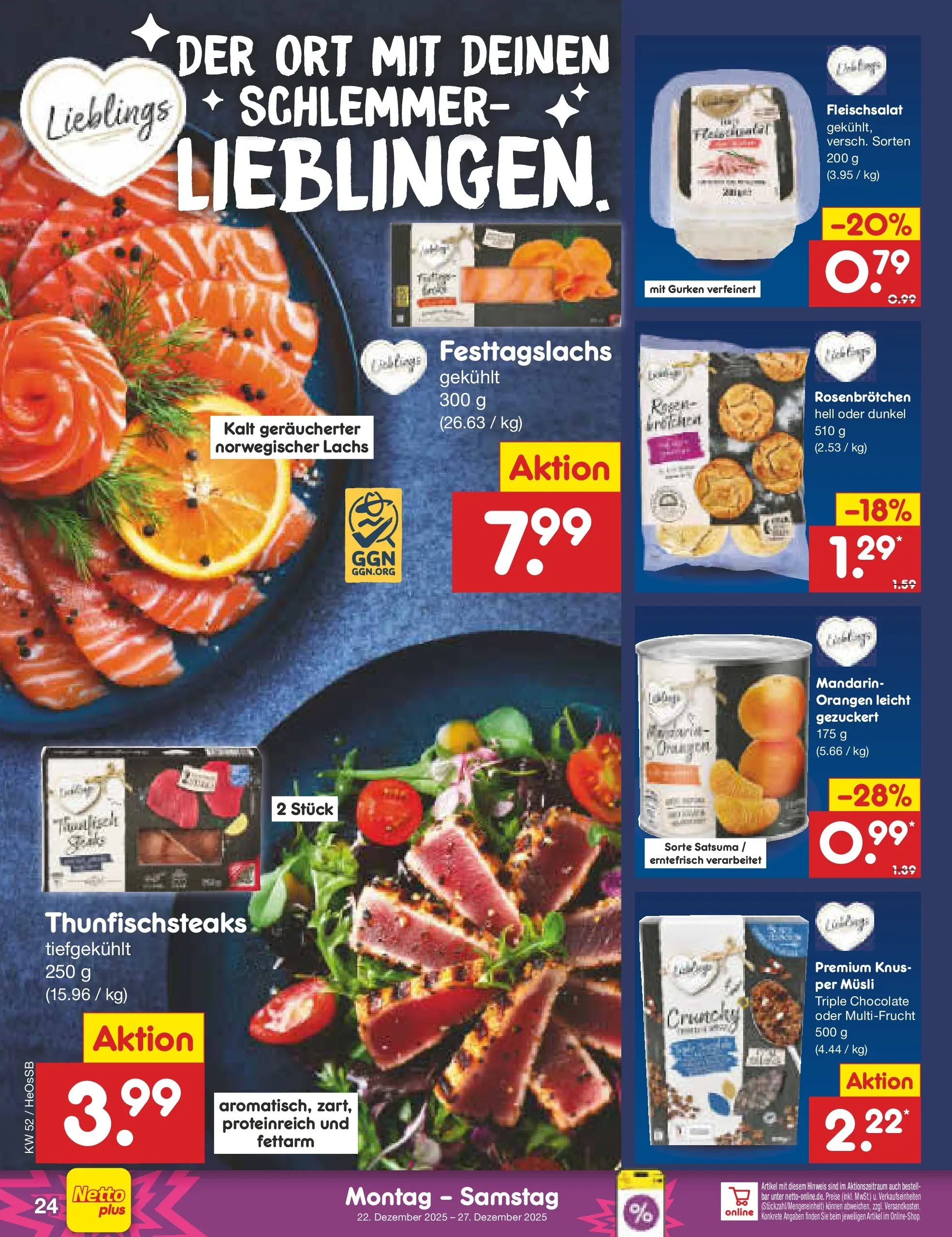 Netto Marken-Discount prospekt Kröpelin	 (ab 22.12.2025) » Angebote | Seite: 24 | Produkte: Musli, Orangen, Lachs, Gurken