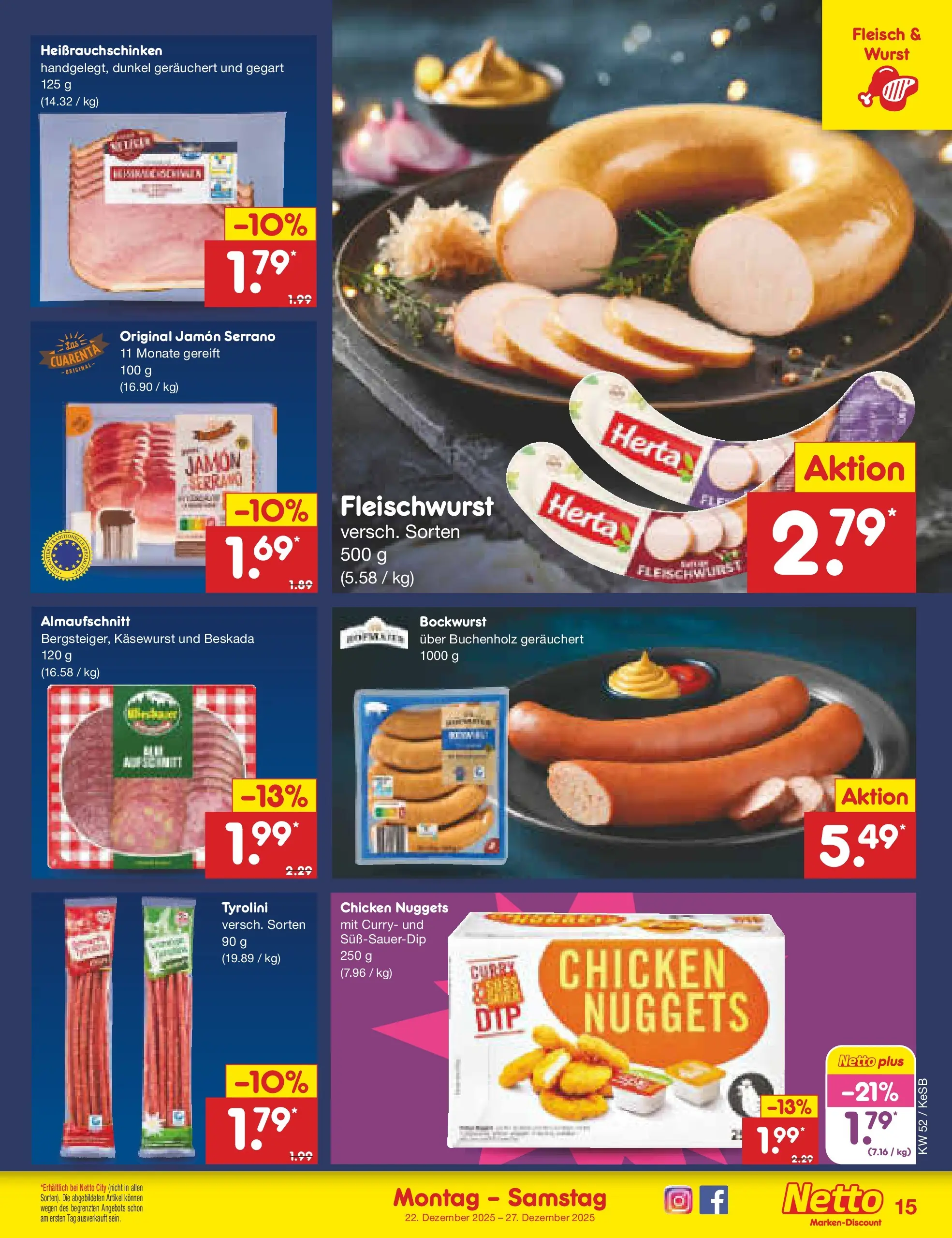 Netto Marken-Discount prospekt Bonn	 (ab 22.12.2025) » Angebote | Seite: 15 | Produkte: Bockwurst, Wurst, Fleisch