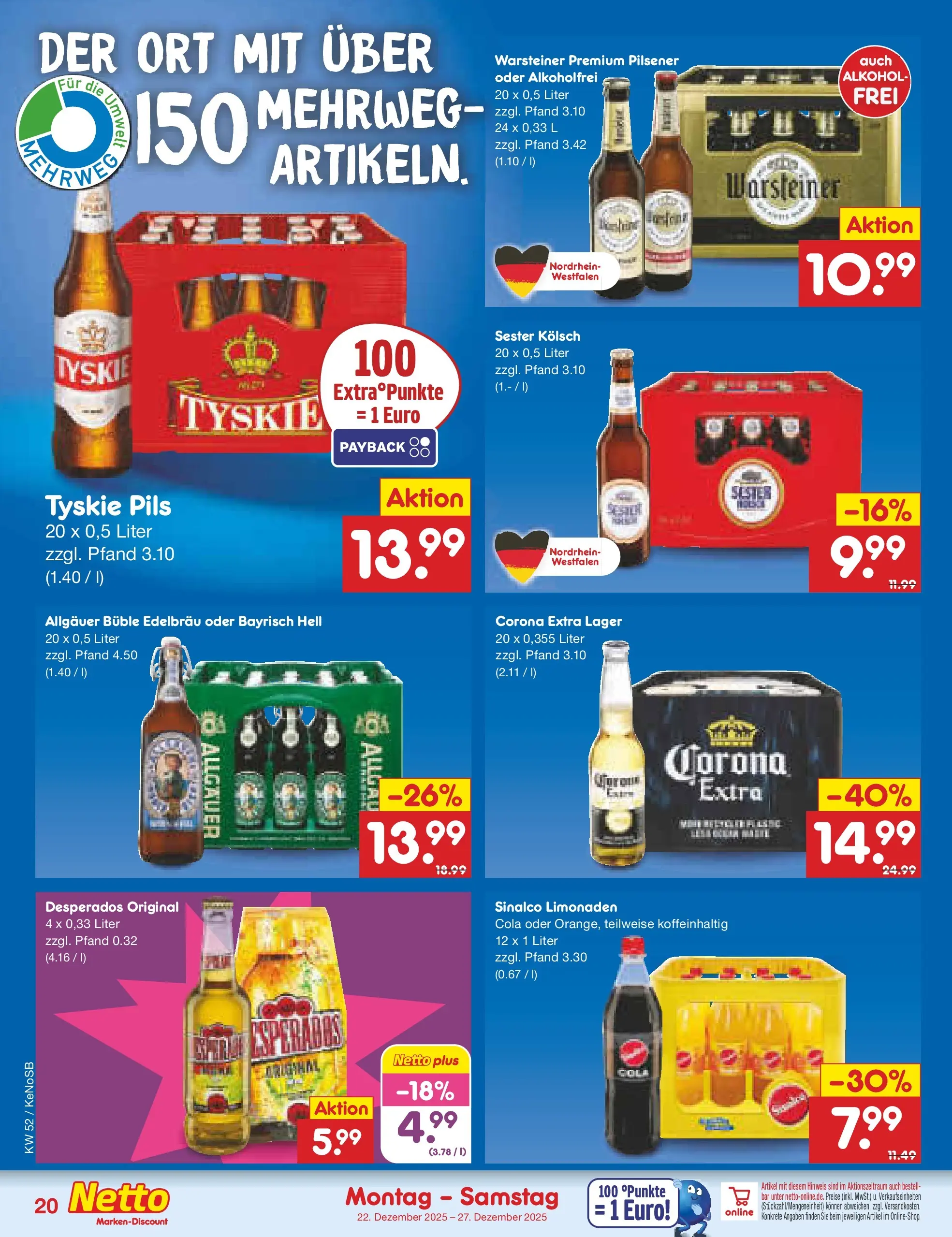 Netto Marken-Discount prospekt Bonn	 (ab 22.12.2025) » Angebote | Seite: 20 | Produkte: Sinalco, Tyskie, Pils, Warsteiner